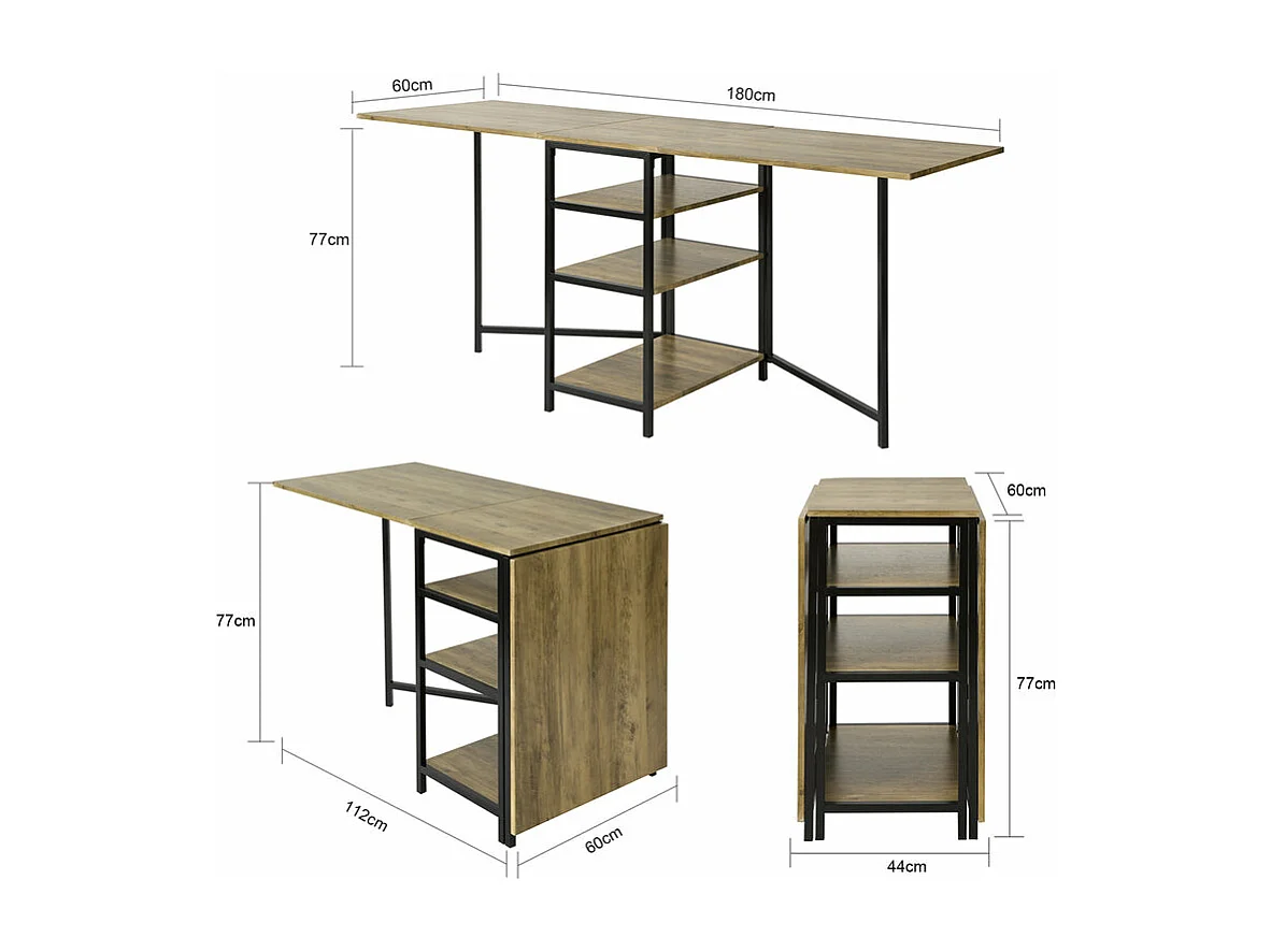 SoBuy FWT62-N klaptafel met 2 kleppen en 3 opslagplanken, Opvouwbare Keukentafel, Opklapbare Eettafel, Ruimtebesparend