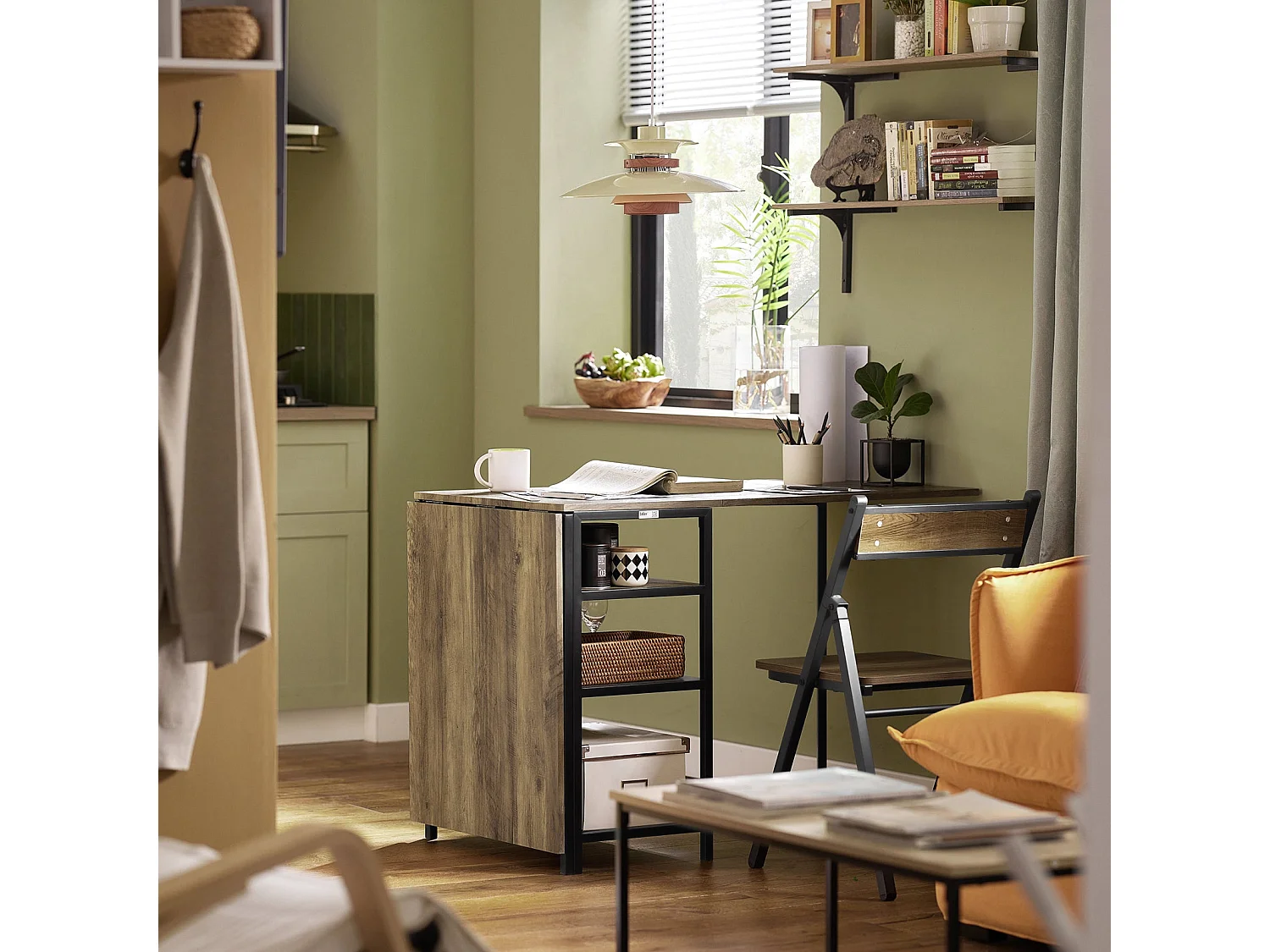 SoBuy FWT62-N klaptafel met 2 kleppen en 3 opslagplanken, Opvouwbare Keukentafel, Opklapbare Eettafel, Ruimtebesparend