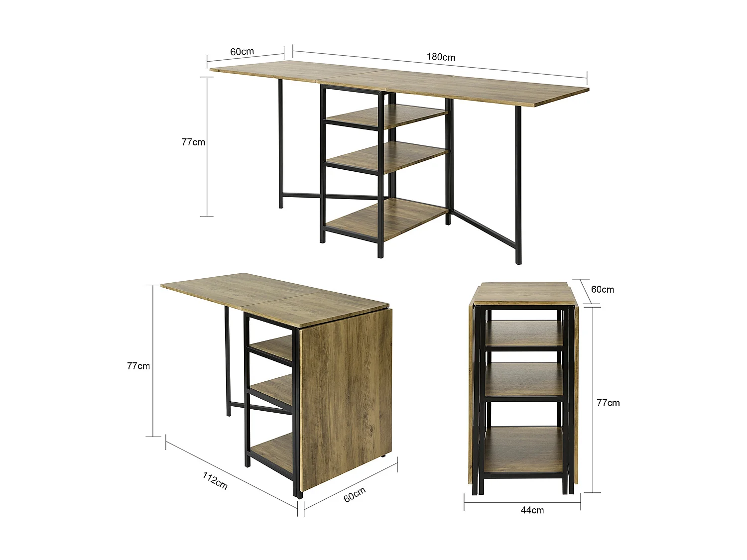 SoBuy FWT62-N klaptafel met 2 kleppen en 3 opslagplanken, Opvouwbare Keukentafel, Opklapbare Eettafel, Ruimtebesparend
