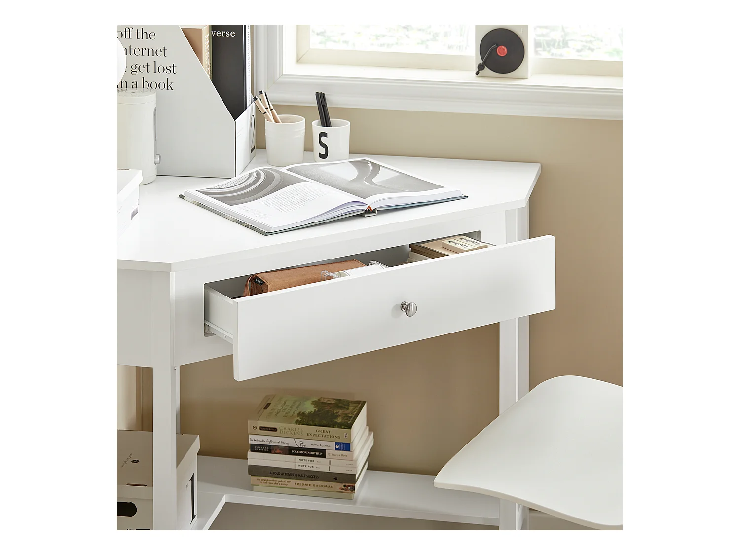 SoBuy FWT31-W Hoekbureau Bureau Tafel Computertafel met Lade - Wit - 76x76x76cm