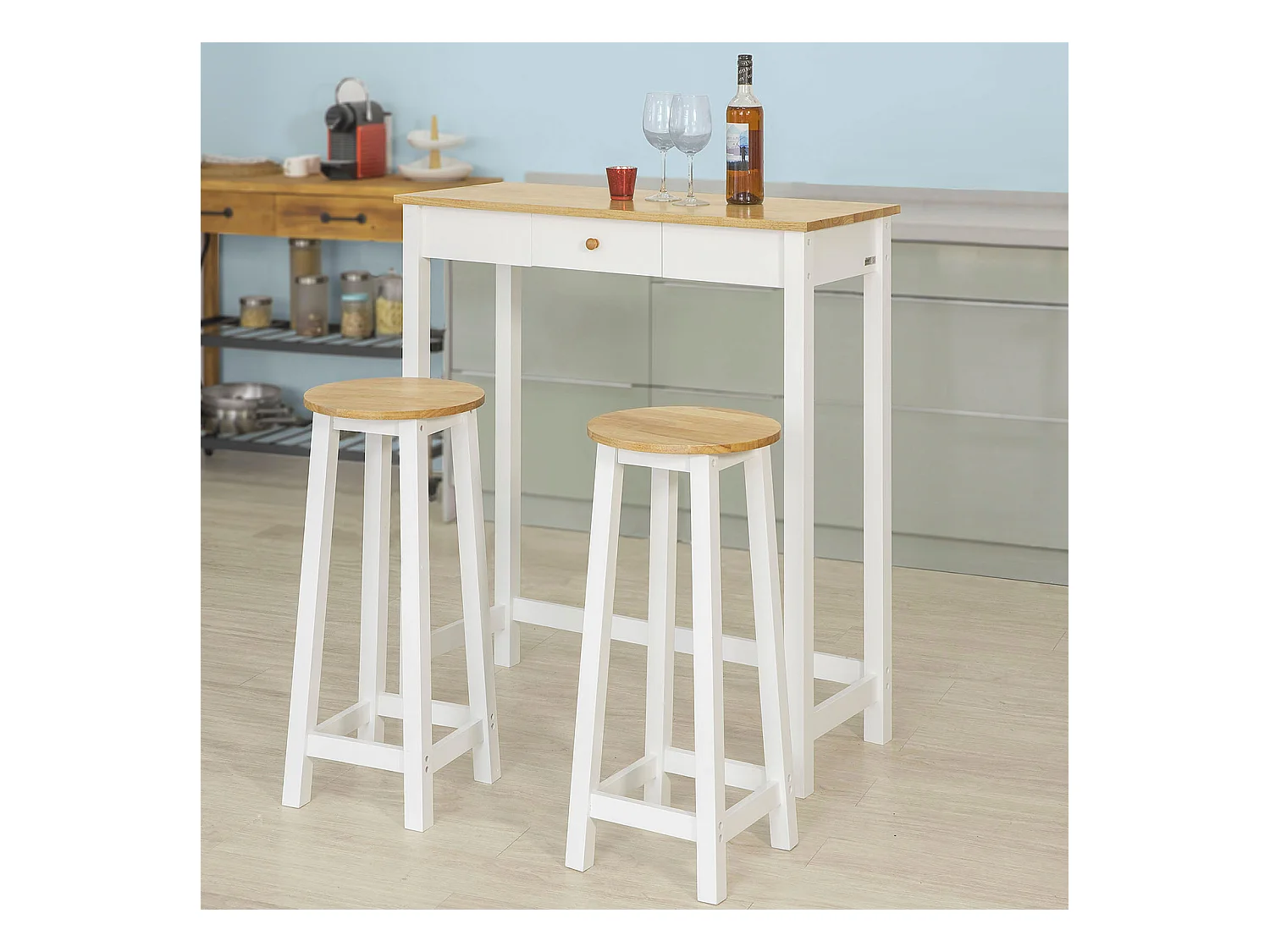 SoBuy FWT50-WN Stolik barowy i dwa hokery