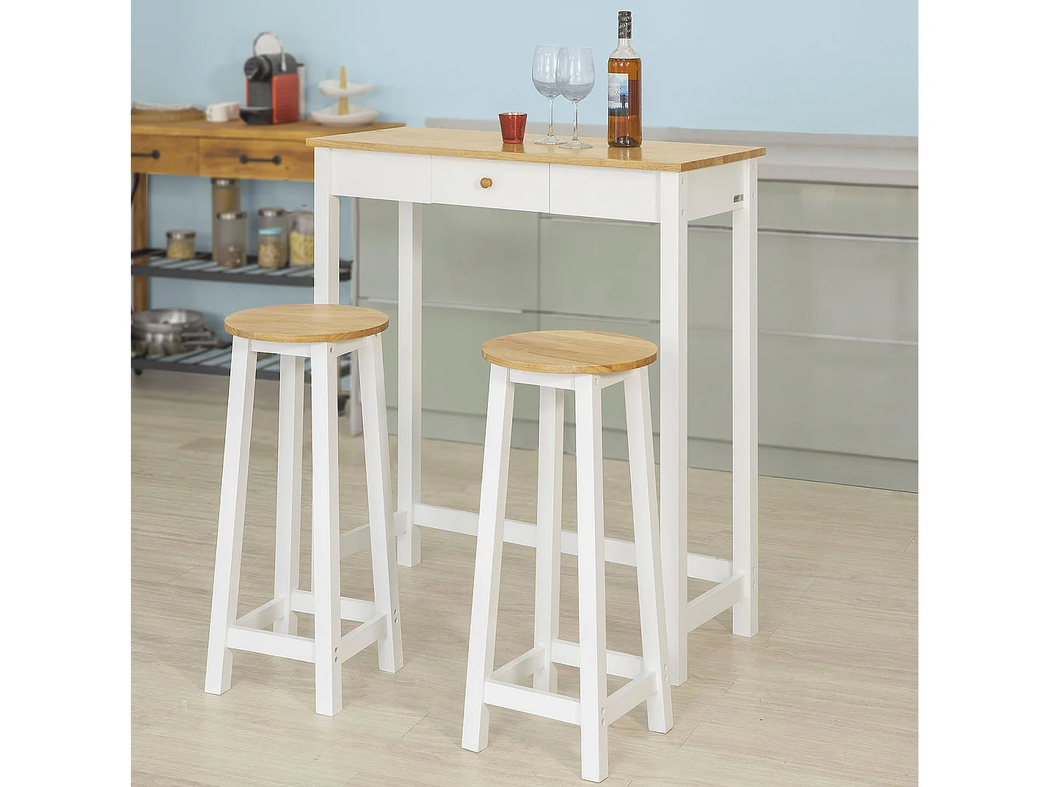 SoBuy Consola Bar Mesa alta com 2 bancos Península de cozinha móvel Tampo em madeira Hevea A107 cm, FWT50-WN