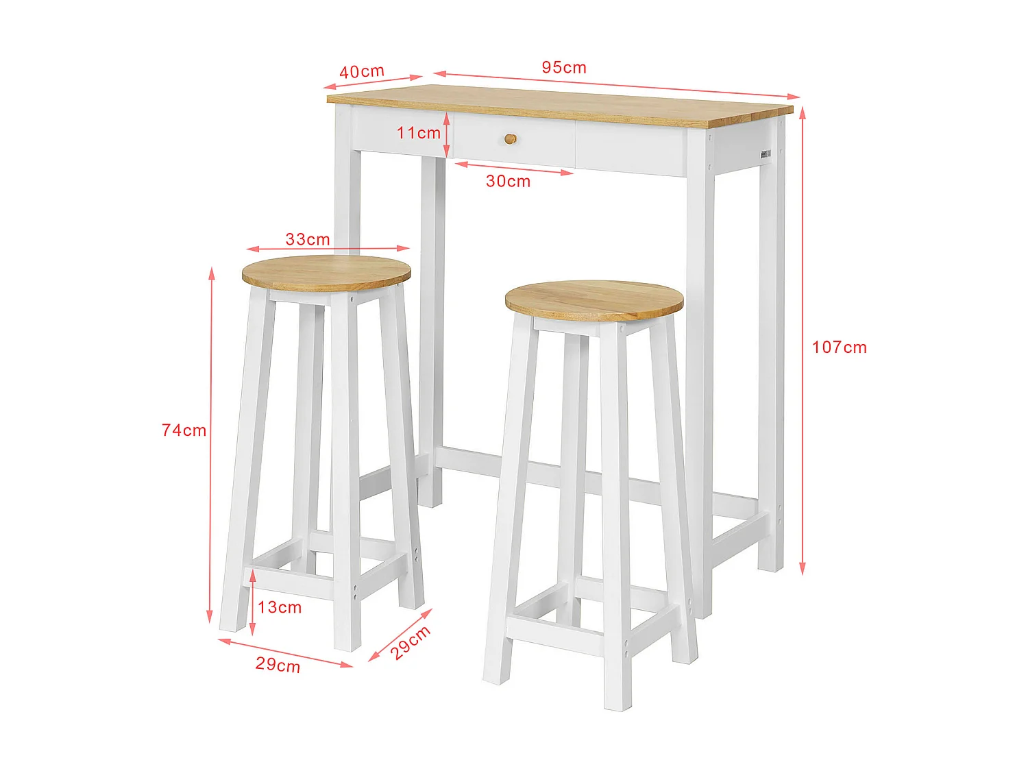 SoBuy Consola Bar Mesa alta com 2 bancos Península de cozinha móvel Tampo em madeira Hevea A107 cm, FWT50-WN