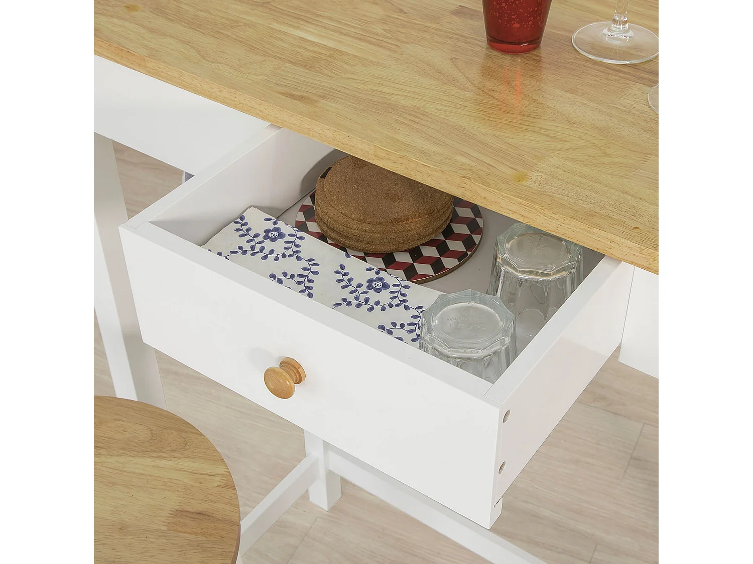 SoBuy Consola Bar Mesa alta com 2 bancos Península de cozinha móvel Tampo em madeira Hevea A107 cm, FWT50-WN