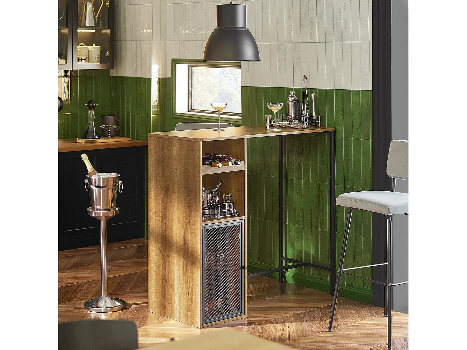 Table de Bar, Table Haute, Table à Manger, Table avec Supports pour Verres et Bouteilles, FWT97-PF