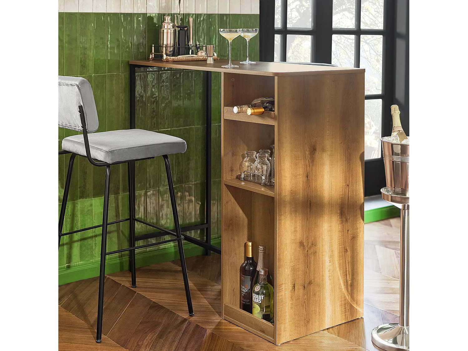 Table de Bar, Table Haute, Table à Manger, Table avec Supports pour Verres et Bouteilles, FWT97-PF