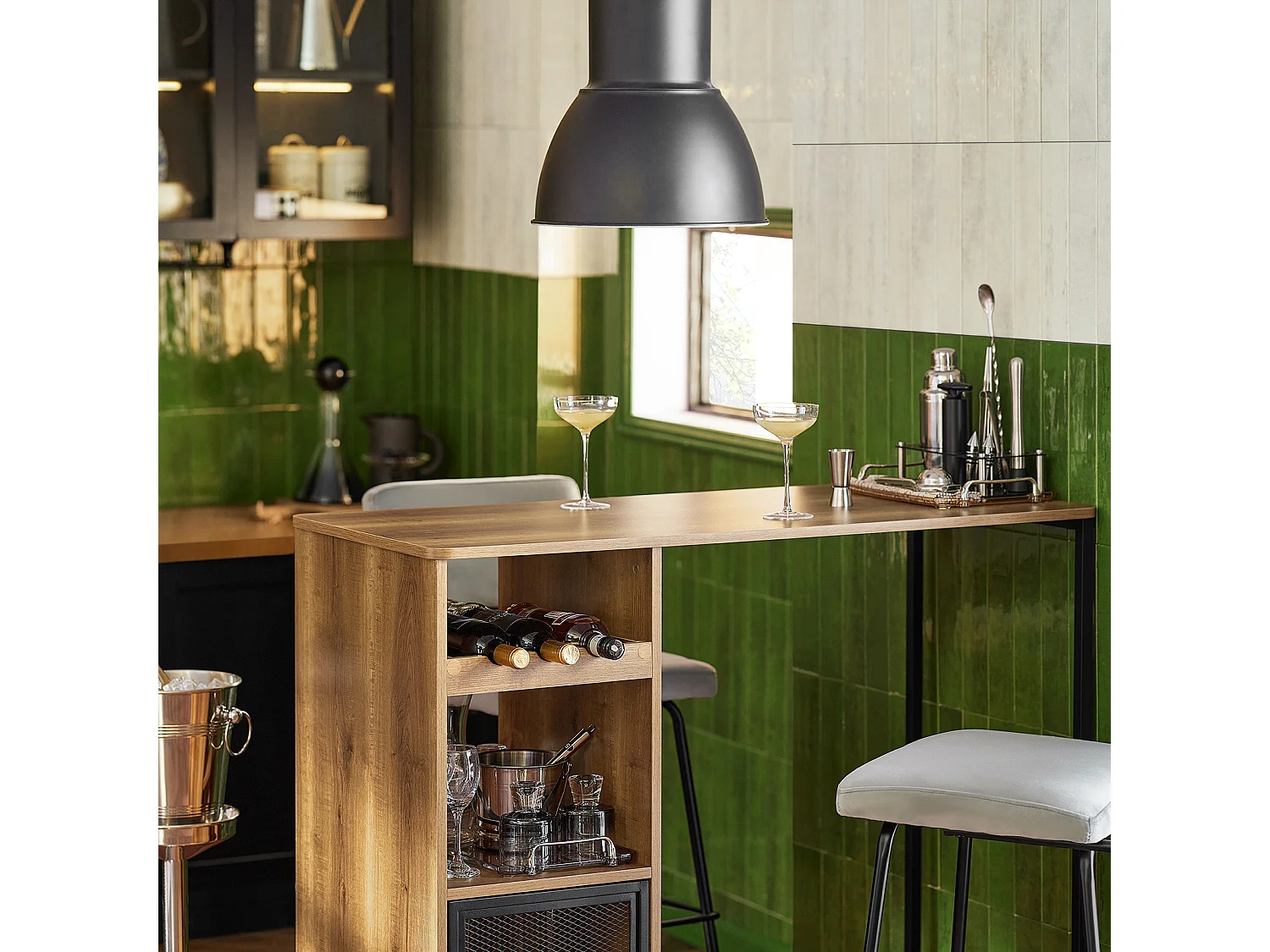 Table de Bar, Table Haute, Table à Manger, Table avec Supports pour Verres et Bouteilles, FWT97-PF