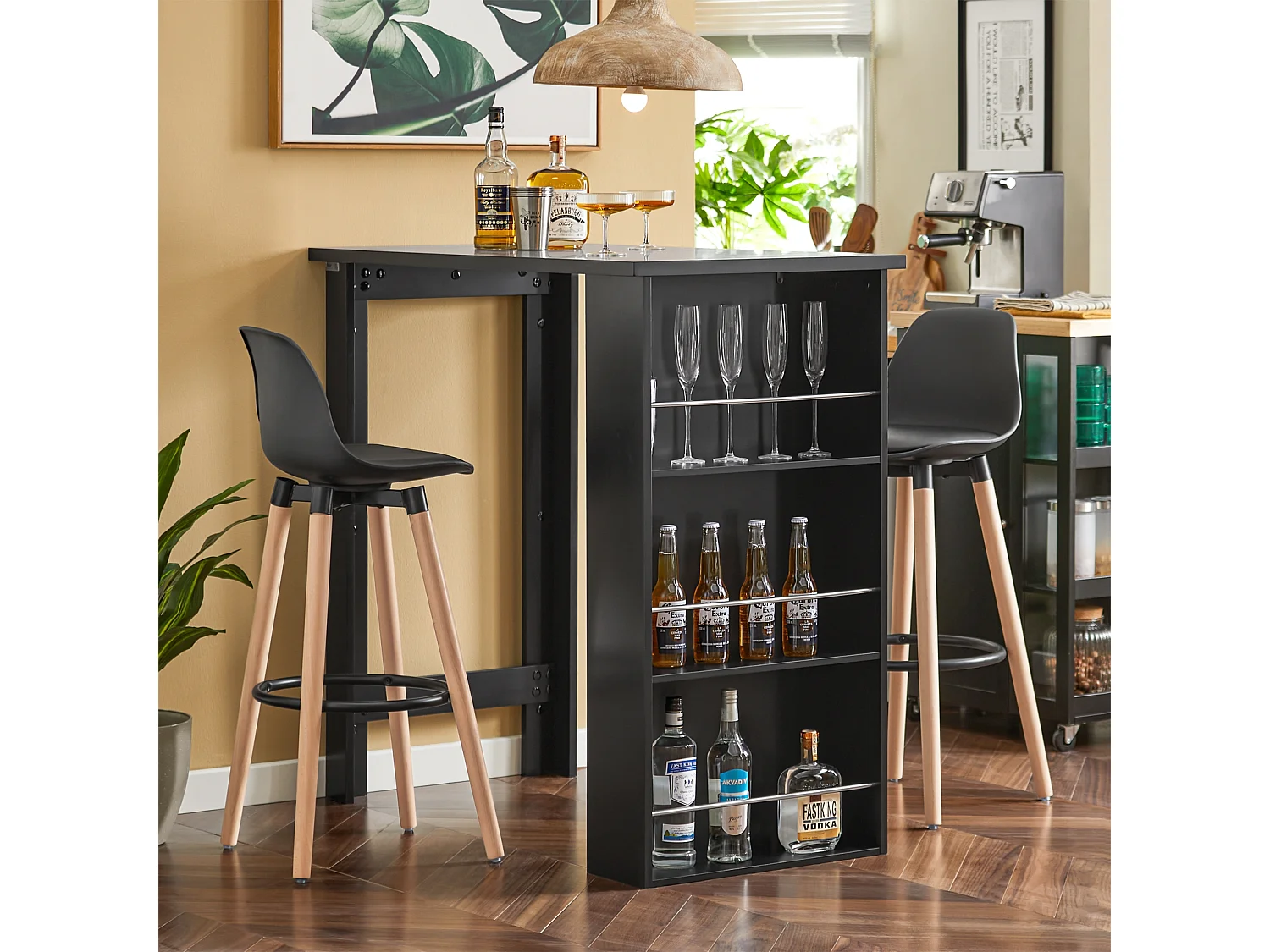 SoBuy FWT17-Sch Bar tafel Keukentafel Bartafel Zwart met 3 vakken