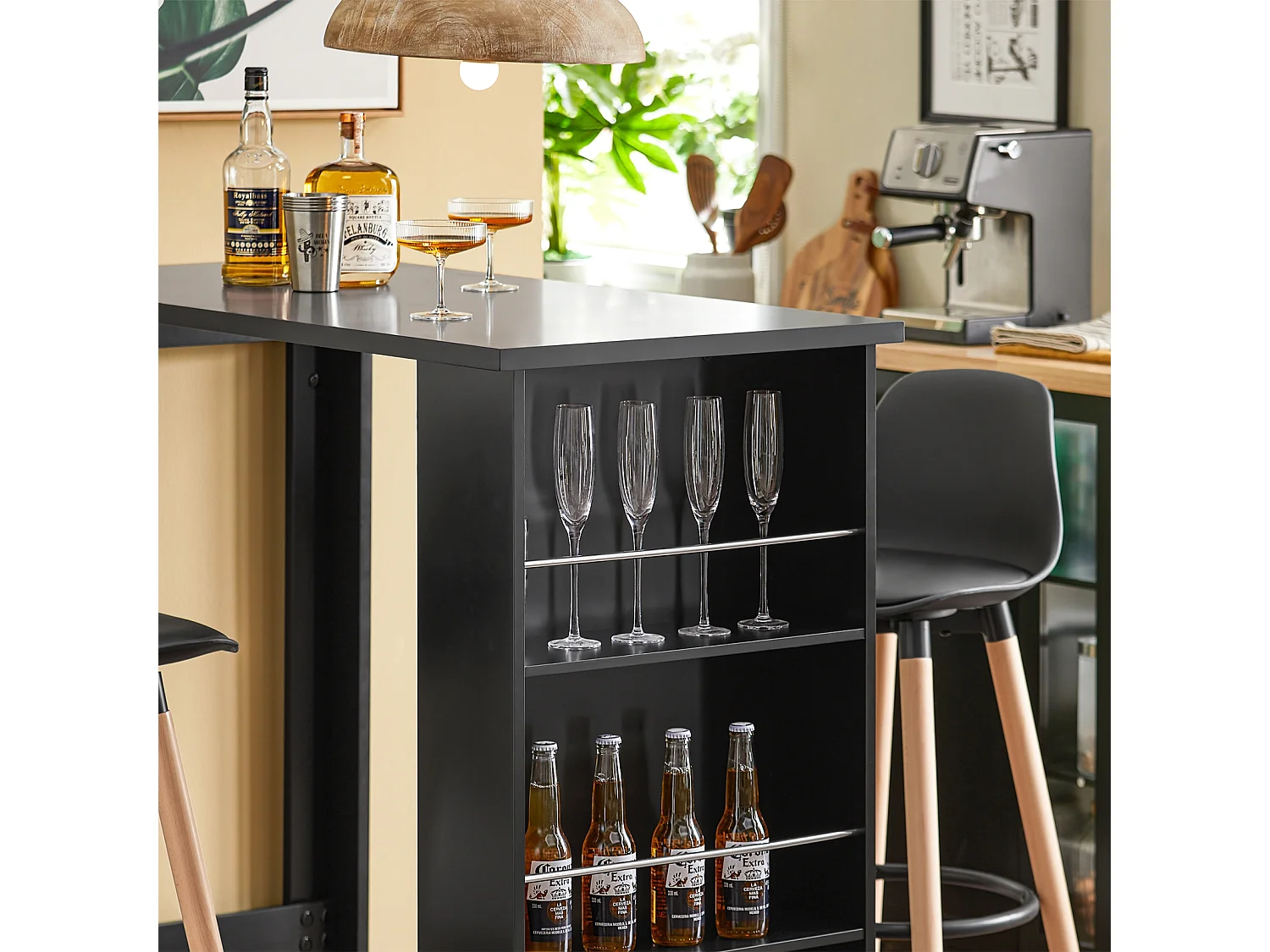 SoBuy FWT17-Sch Bar tafel Keukentafel Bartafel Zwart met 3 vakken