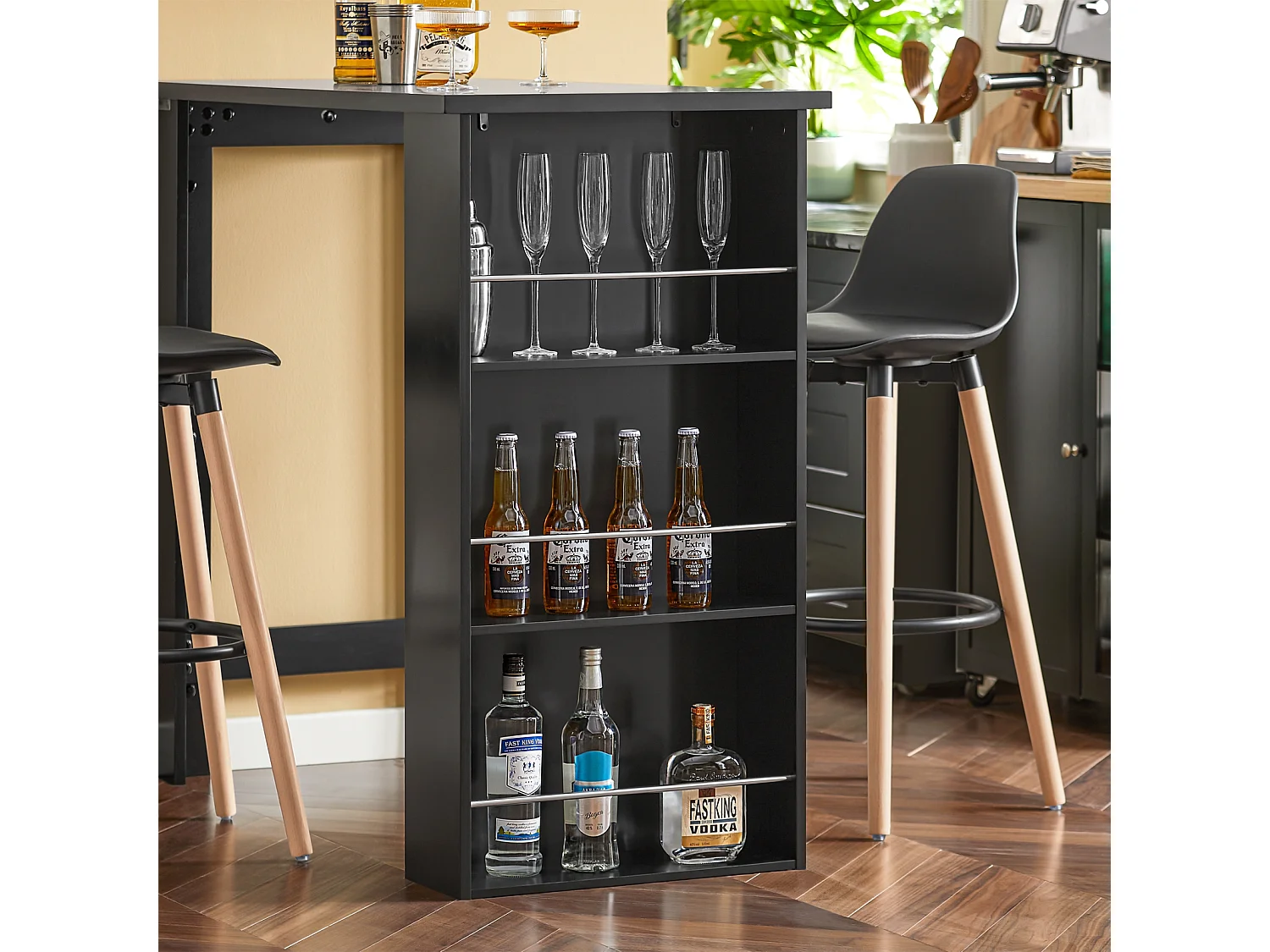 SoBuy FWT17-Sch Bar tafel Keukentafel Bartafel Zwart met 3 vakken