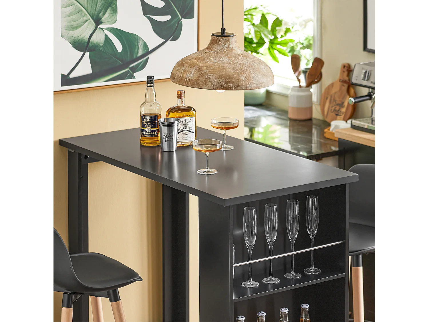 SoBuy FWT17-Sch Bar tafel Keukentafel Bartafel Zwart met 3 vakken