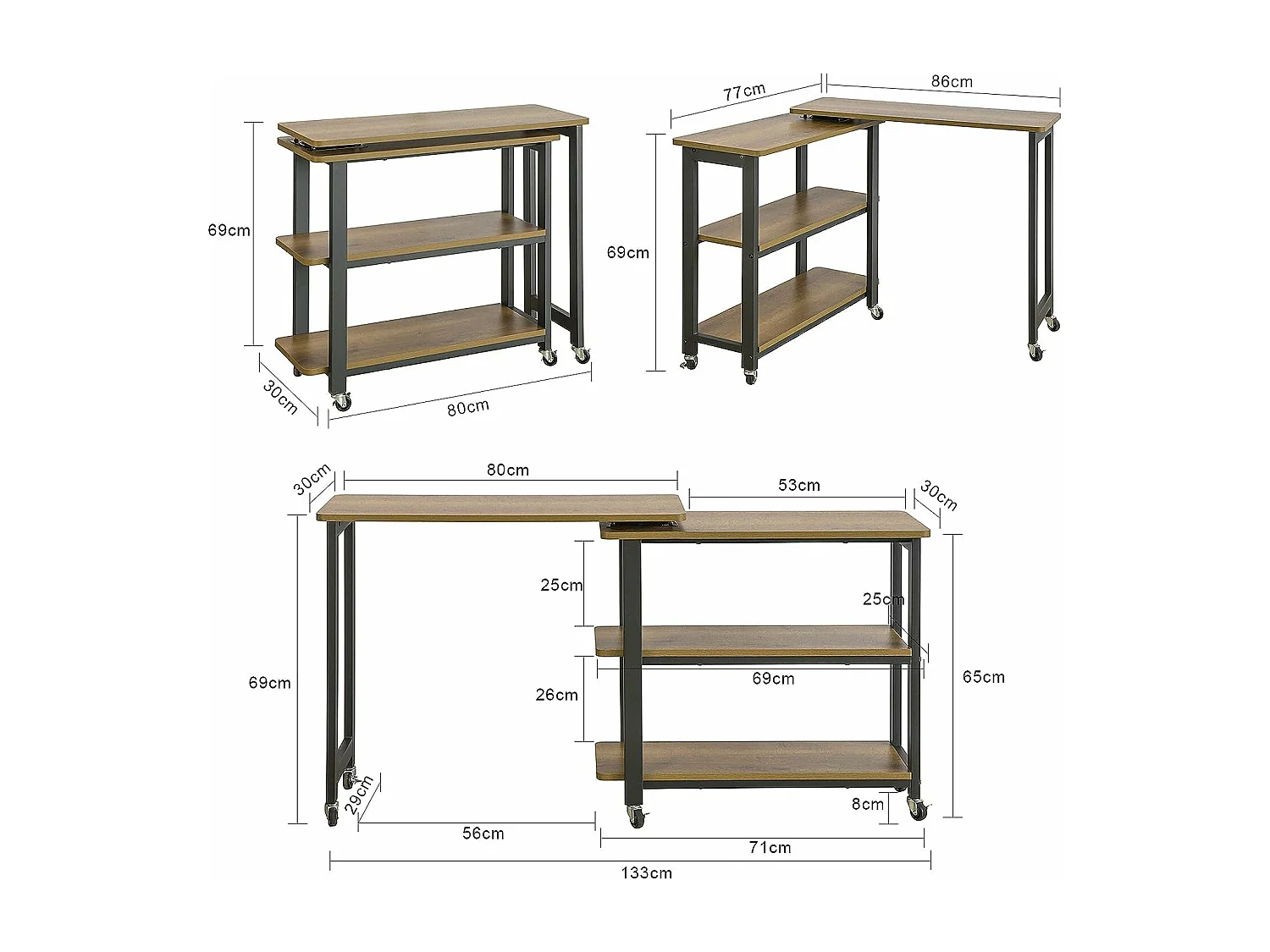 SoBuy FWT83-PF Draaibare bijzettafel, eindbank met wielen, verrijdbare consoletafel met 2 planken