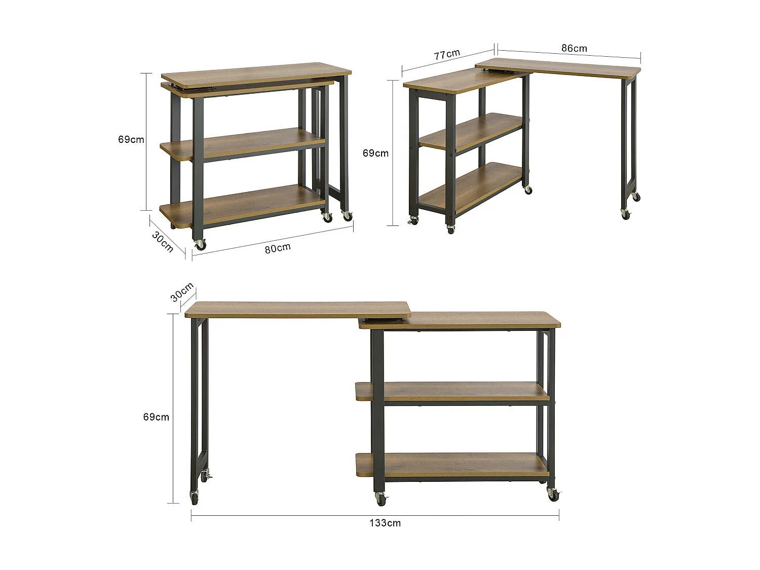 SoBuy FWT83-PF Draaibare bijzettafel, eindbank met wielen, verrijdbare consoletafel met 2 planken