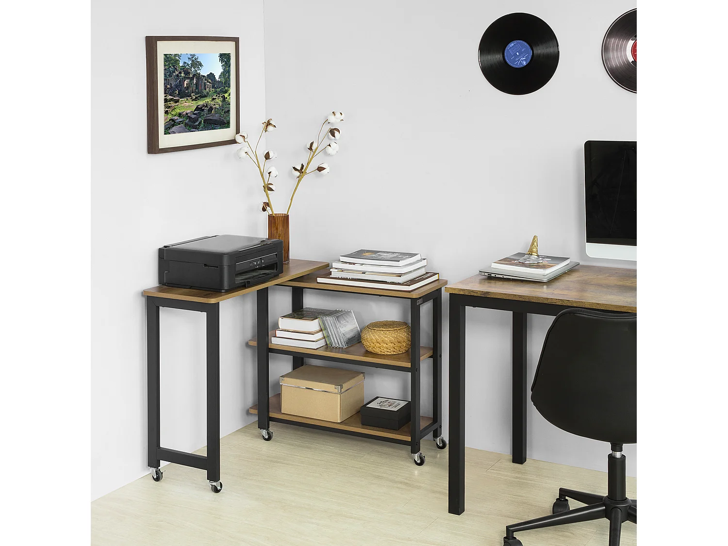 SoBuy FWT83-PF Draaibare bijzettafel, eindbank met wielen, verrijdbare consoletafel met 2 planken