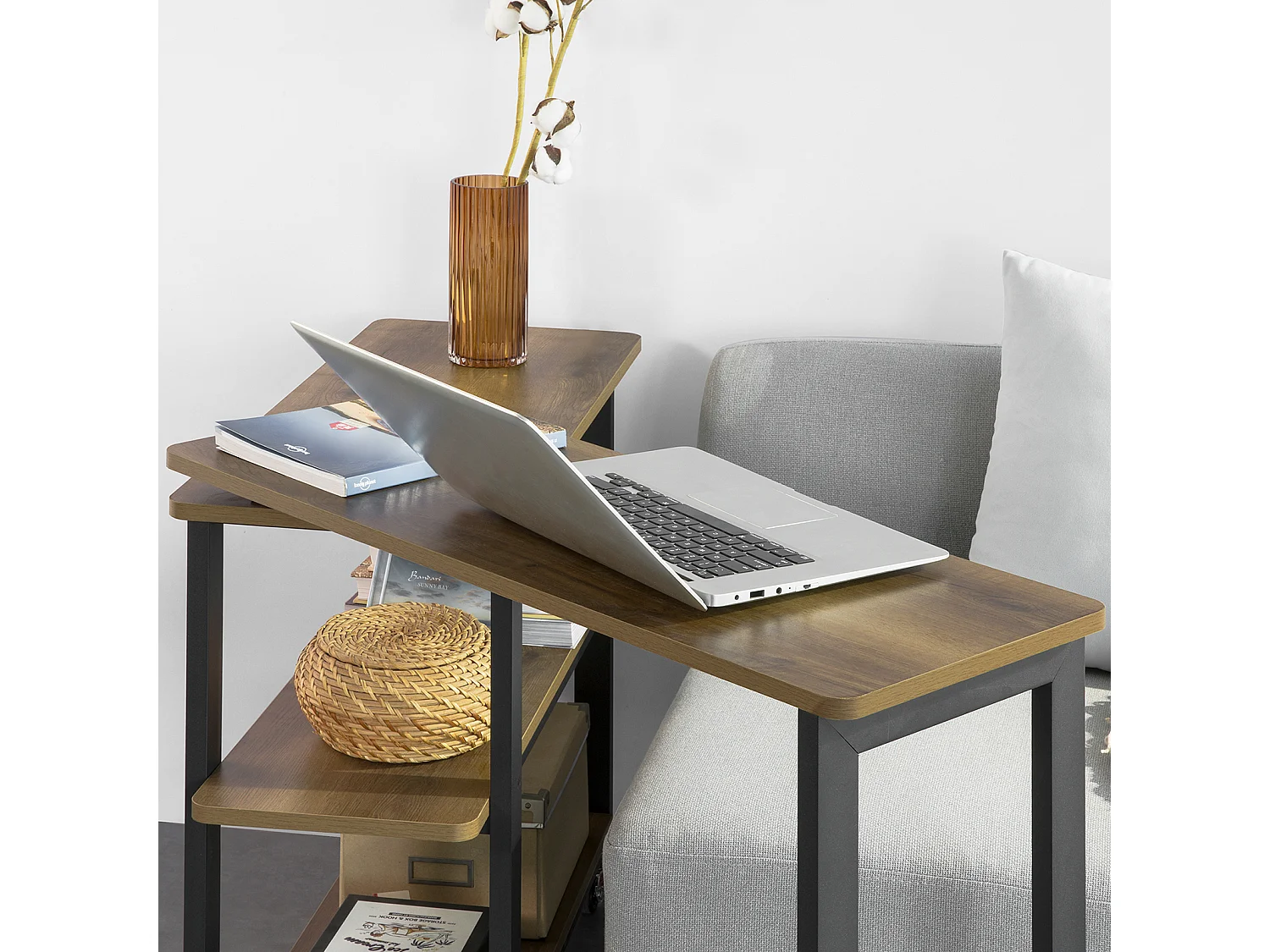 Table d'appoint Rotative, Bout de Canapé à Roulettes, Table Console Mobile avec 2 étagères, FWT83-PF