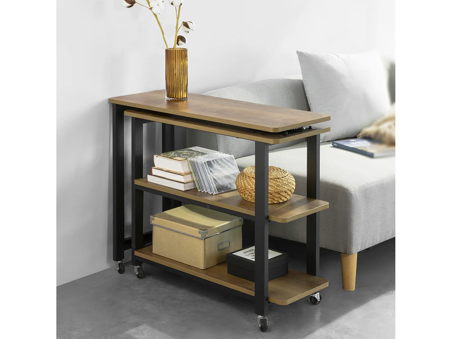 Table d'appoint Rotative, Bout de Canapé à Roulettes, Table Console Mobile avec 2 étagères, FWT83-PF