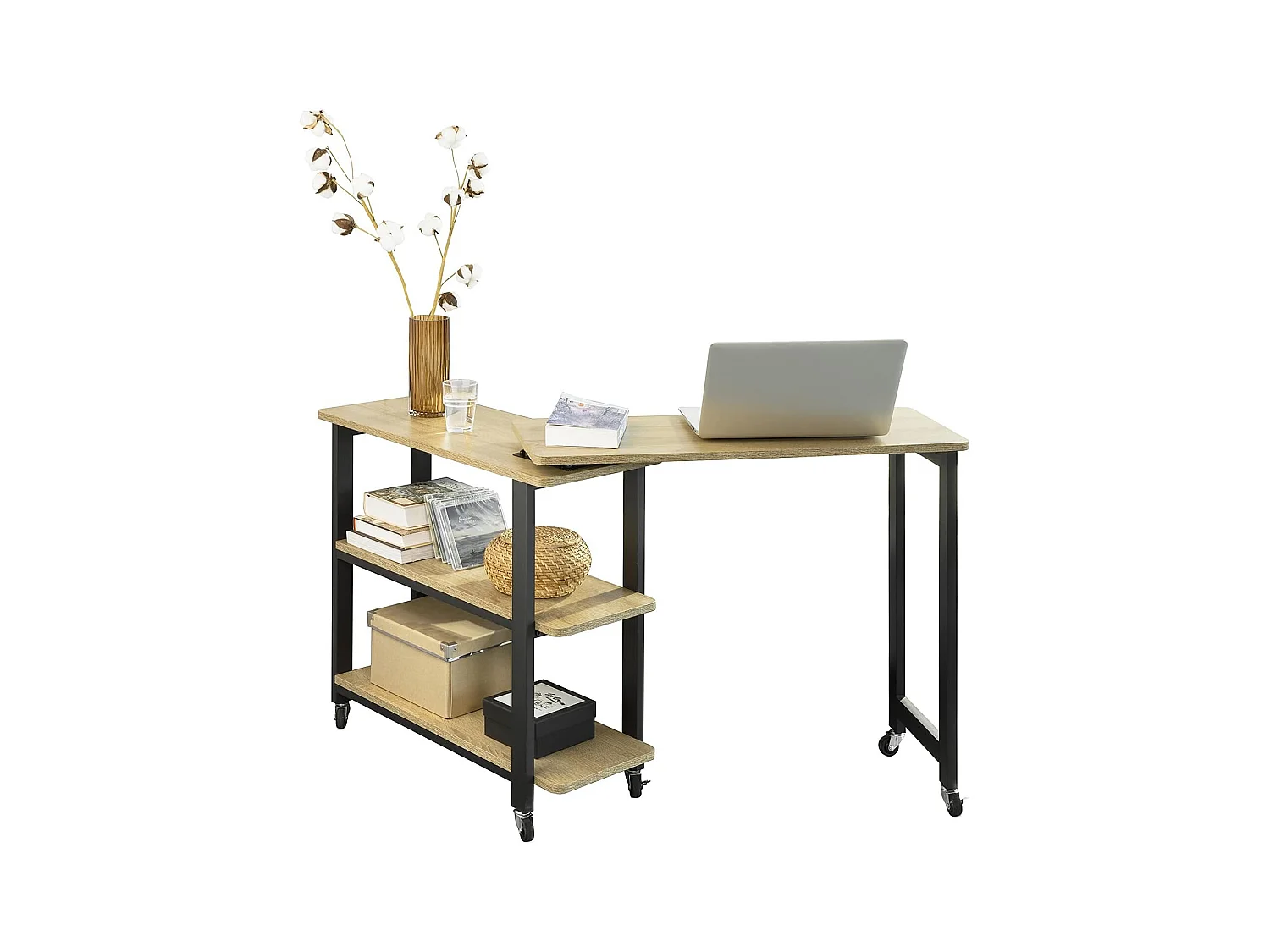 Table d'appoint Rotative, Bout de Canapé à roulettes, Table Console Mobile avec 2 étagères, FWT83-N