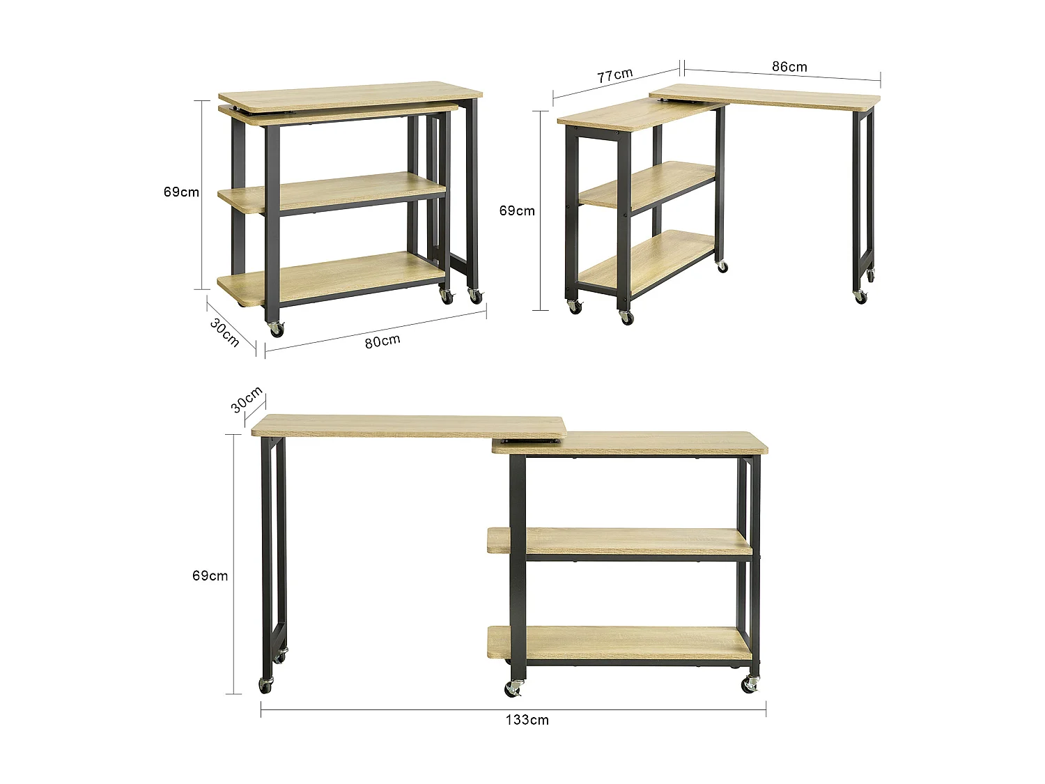 Table d'appoint Rotative, Bout de Canapé à roulettes, Table Console Mobile avec 2 étagères, FWT83-N