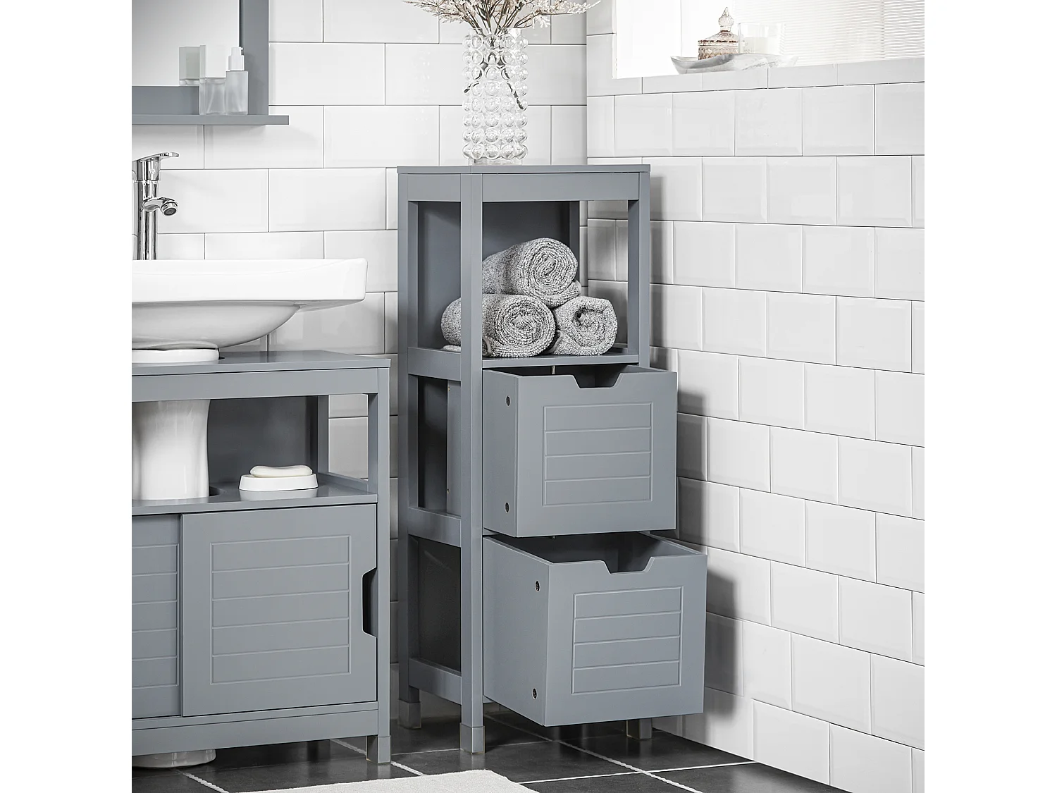 Mueble Columna de baño Armario para baño-1 estantes y 2 Cajones Gris Oscuro FRG127-SG SoBuy ES