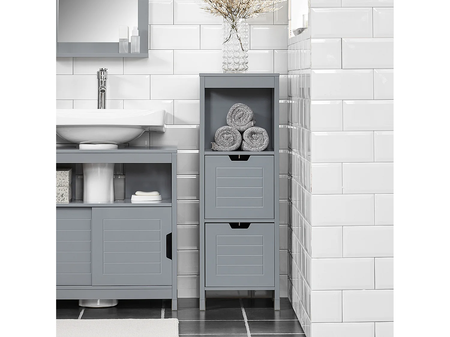 Meuble Demi-Colonne Meuble Bas de Salle de Bain Armoire Toilette- 1 étage et 2 tiroirs, FRG127-SG