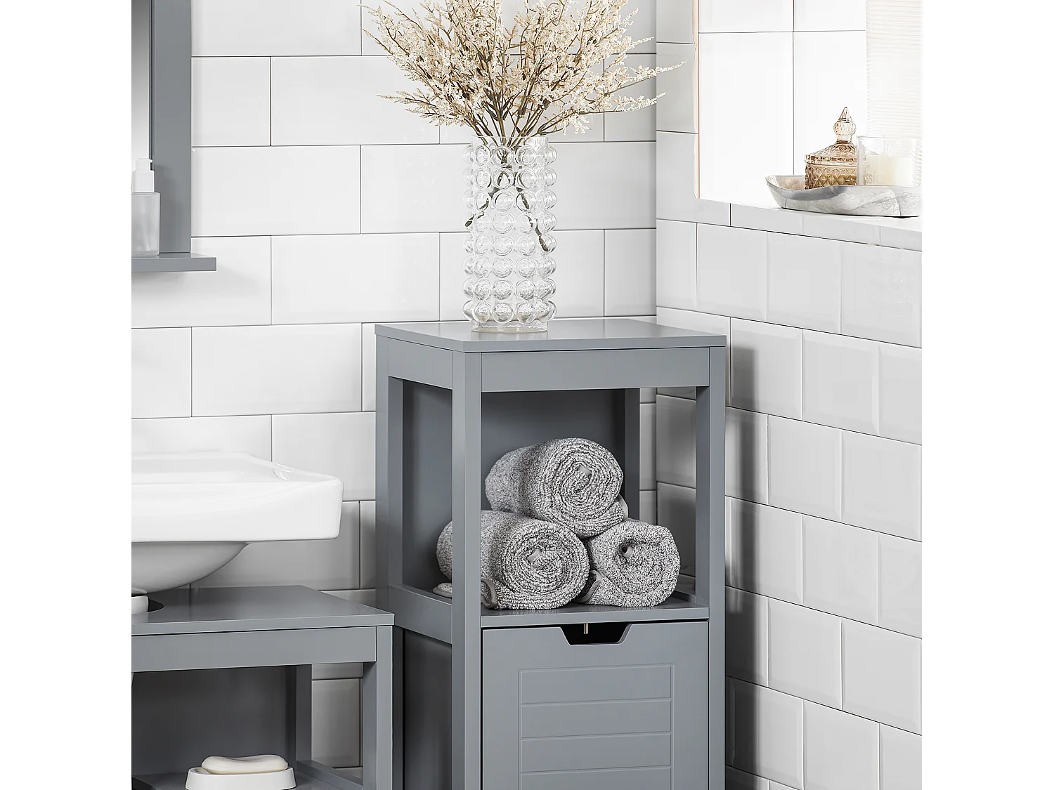 Meuble Demi-Colonne Meuble Bas de Salle de Bain Armoire Toilette- 1 étage et 2 tiroirs, FRG127-SG