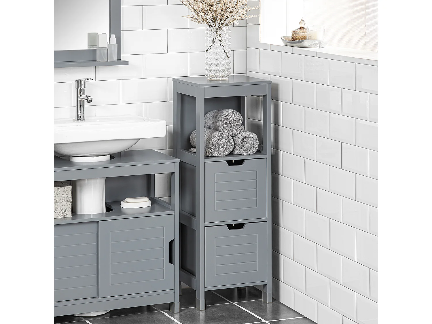 Meuble Demi-Colonne Meuble Bas de Salle de Bain Armoire Toilette- 1 étage et 2 tiroirs, FRG127-SG