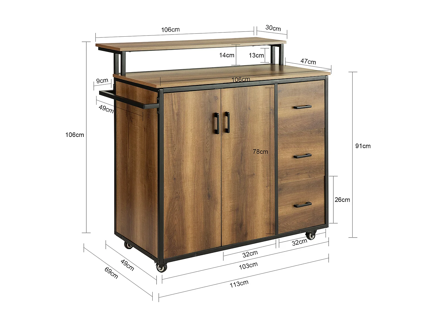 Placard de Cuisine Buffet Armoire Multi-rangements avec 1 étagère supplémentaire, KNL02-PF