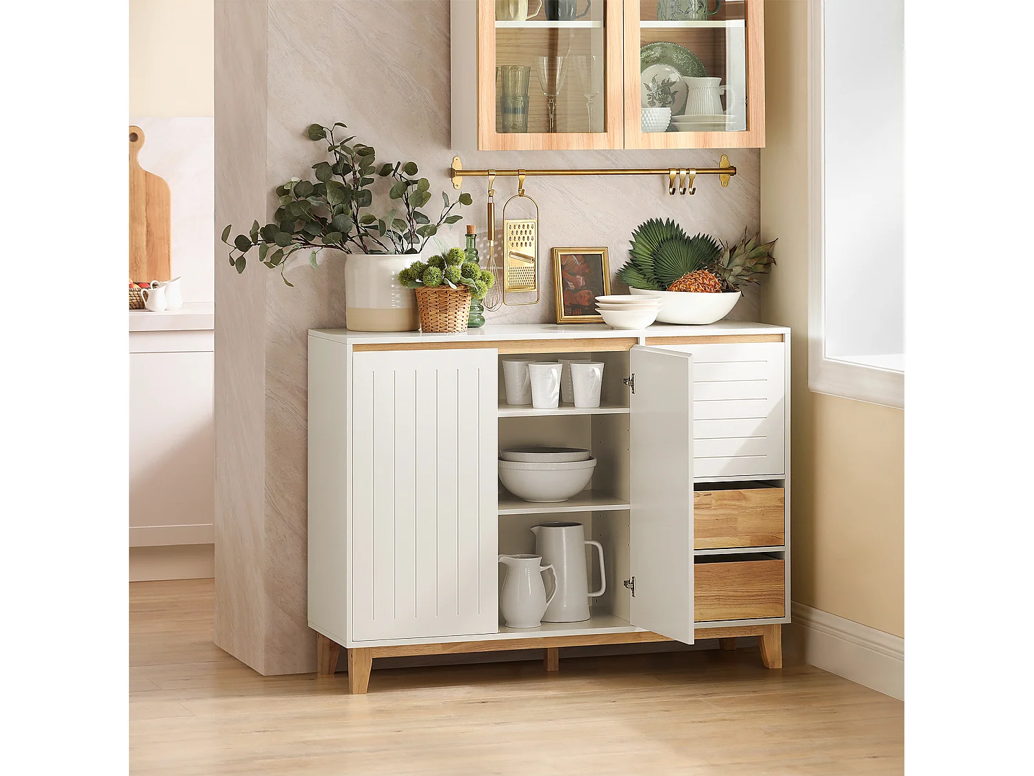 Buffet, Placard, Armoire Multi-Rangement, Meuble de Rangement sur Pieds, FSB75-WN