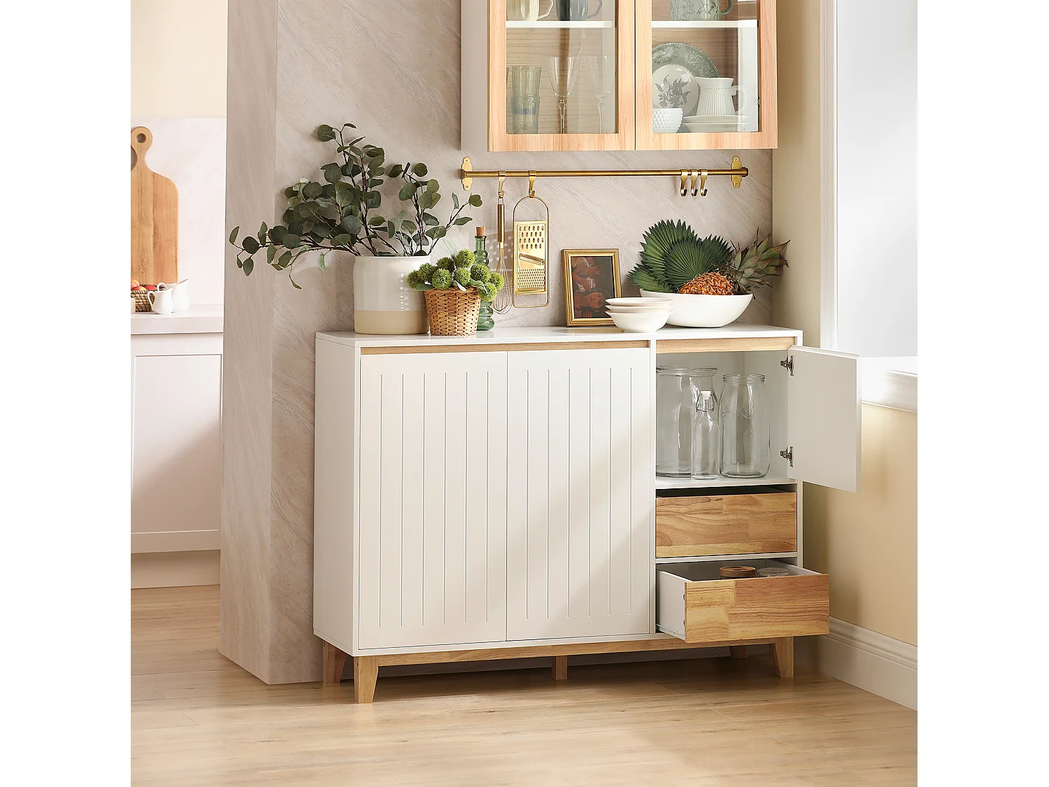 Buffet, Placard, Armoire Multi-Rangement, Meuble de Rangement sur Pieds, FSB75-WN