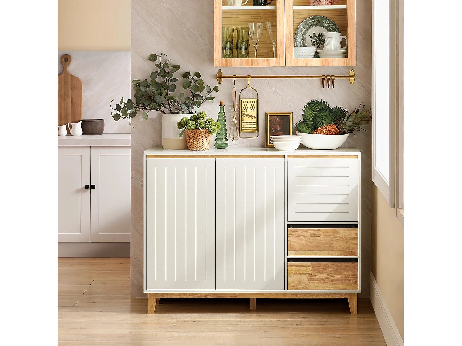 Buffet, Placard, Armoire Multi-Rangement, Meuble de Rangement sur Pieds, FSB75-WN