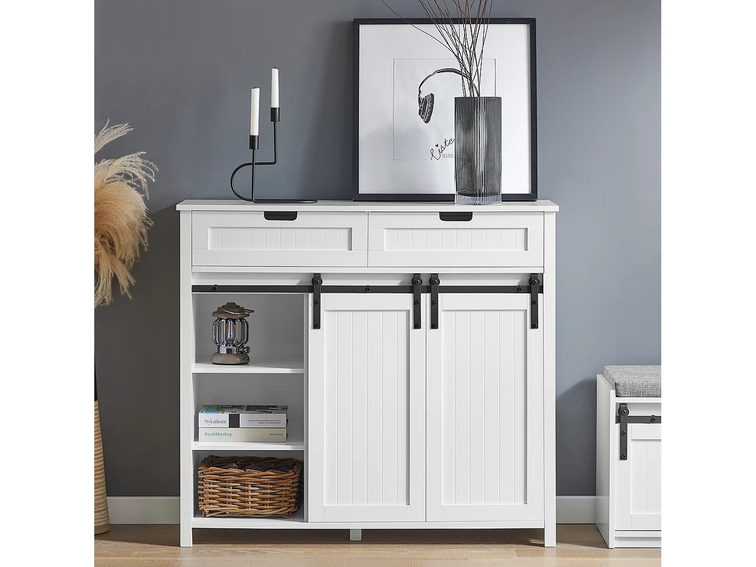 SoBuy FSB74-W Schoenenkast Schoenencommode Inkomkast Keukenkast Dressoir Schoenenrek met 2 Lades, 2 Schuifdeuren en 7 Planken, Opbergkast