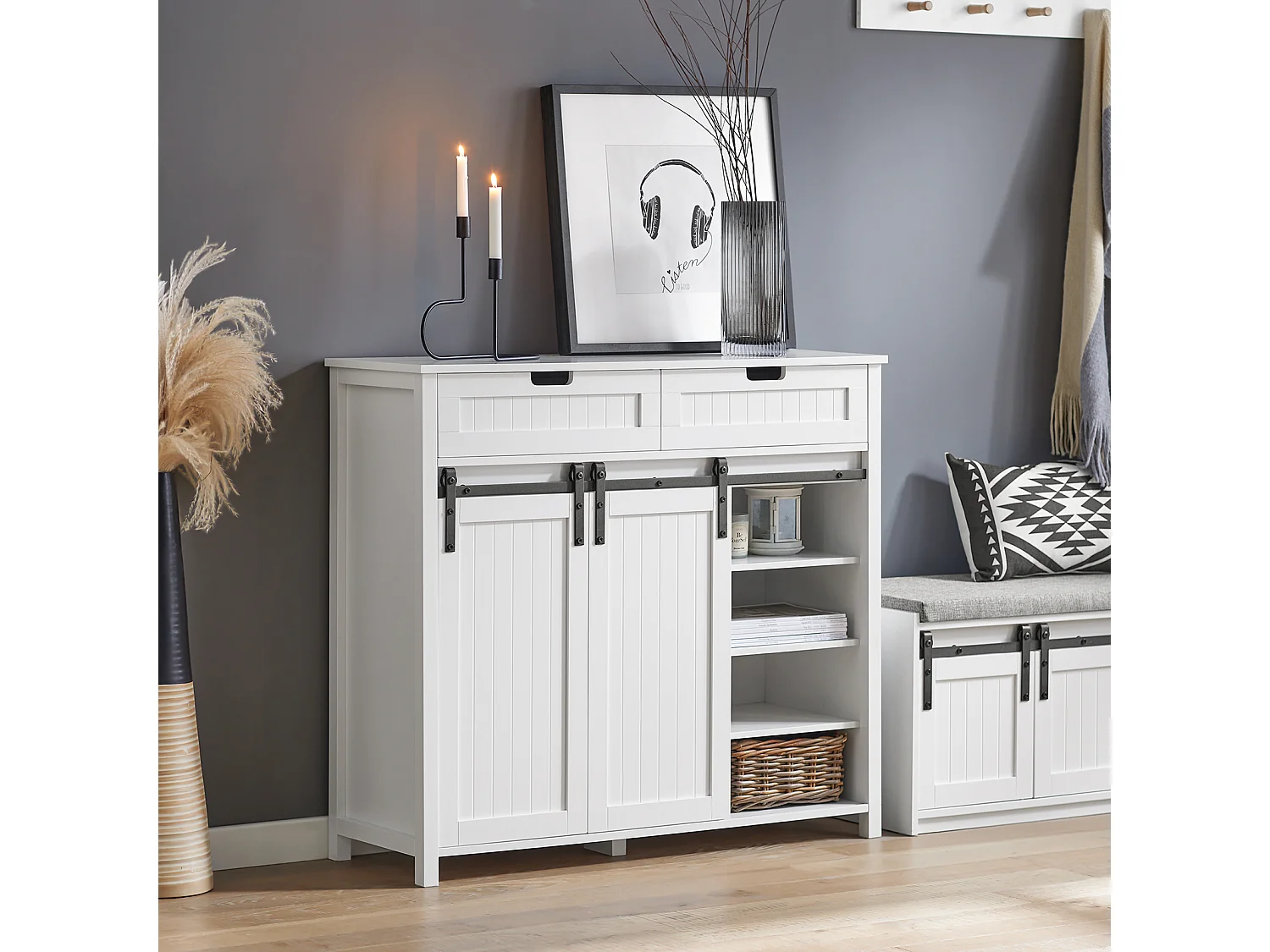 SoBuy FSB74-W Schoenenkast Schoenencommode Inkomkast Keukenkast Dressoir Schoenenrek met 2 Lades, 2 Schuifdeuren en 7 Planken, Opbergkast