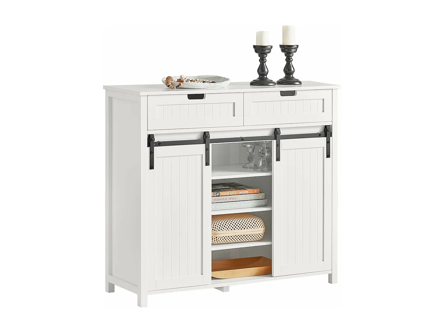 SoBuy FSB74-W Schoenenkast Schoenencommode Inkomkast Keukenkast Dressoir Schoenenrek met 2 Lades, 2 Schuifdeuren en 7 Planken, Opbergkast