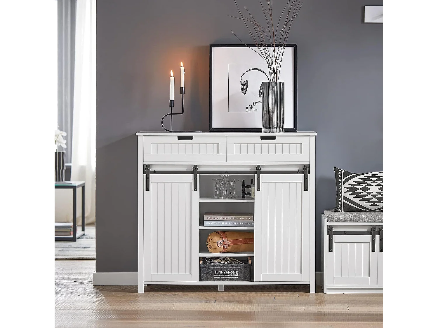 SoBuy FSB74-W Schoenenkast Schoenencommode Inkomkast Keukenkast Dressoir Schoenenrek met 2 Lades, 2 Schuifdeuren en 7 Planken, Opbergkast