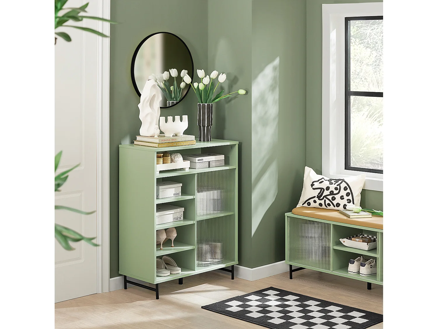 Meuble d'entrée, Meuble de Rangement, Meuble à Chaussures, Buffet, Commode à Chaussures, FSB61-GR