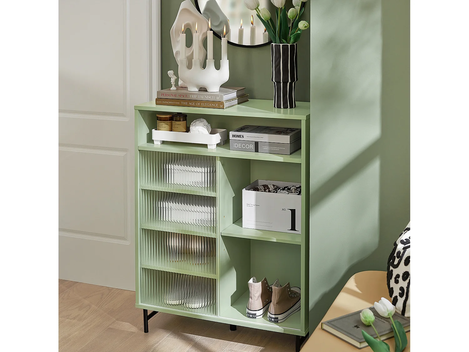 SoBuy FSB61-GR Gangkast, Schoenenkast, Opbergkast, Bijzetkast, Dressoir met Glazen Schuifdeur, Schoenenkist, Zijkast