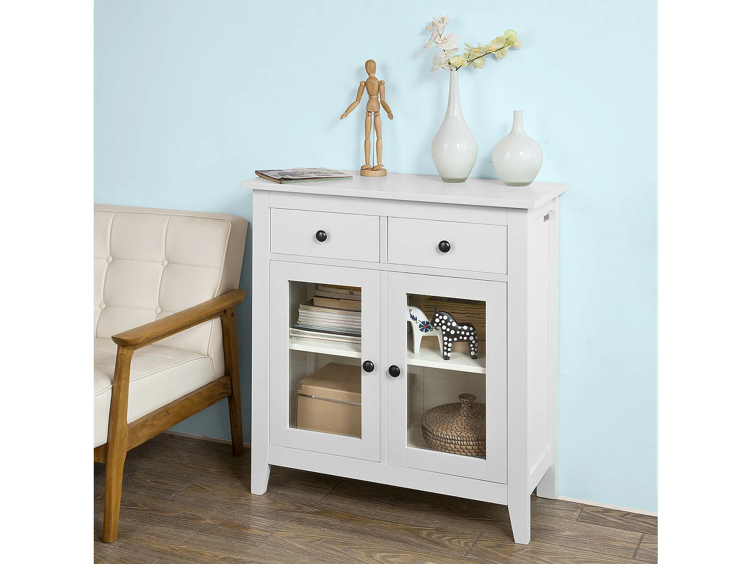 Buffet Commode Armoire de Rangement - Largeur 80cm - 2 tiroirs 2 portes- Coloris Blanc, FSB05-W