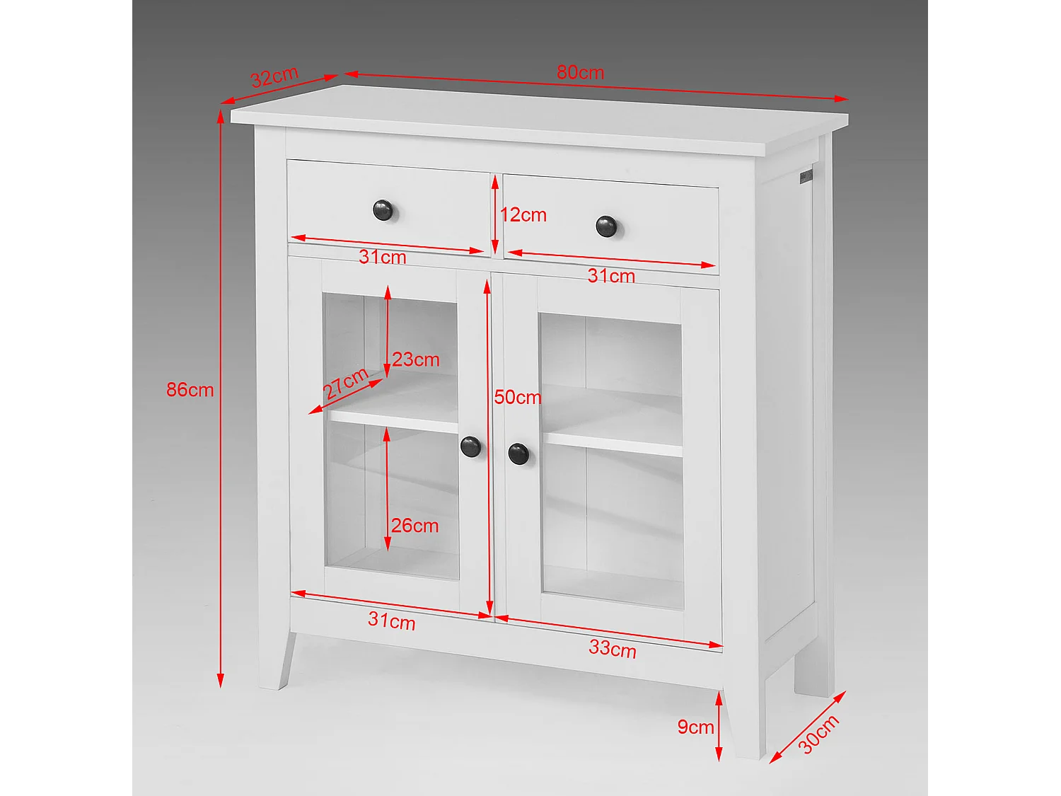 Buffet Commode Armoire de Rangement - Largeur 80cm - 2 tiroirs 2 portes- Coloris Blanc, FSB05-W