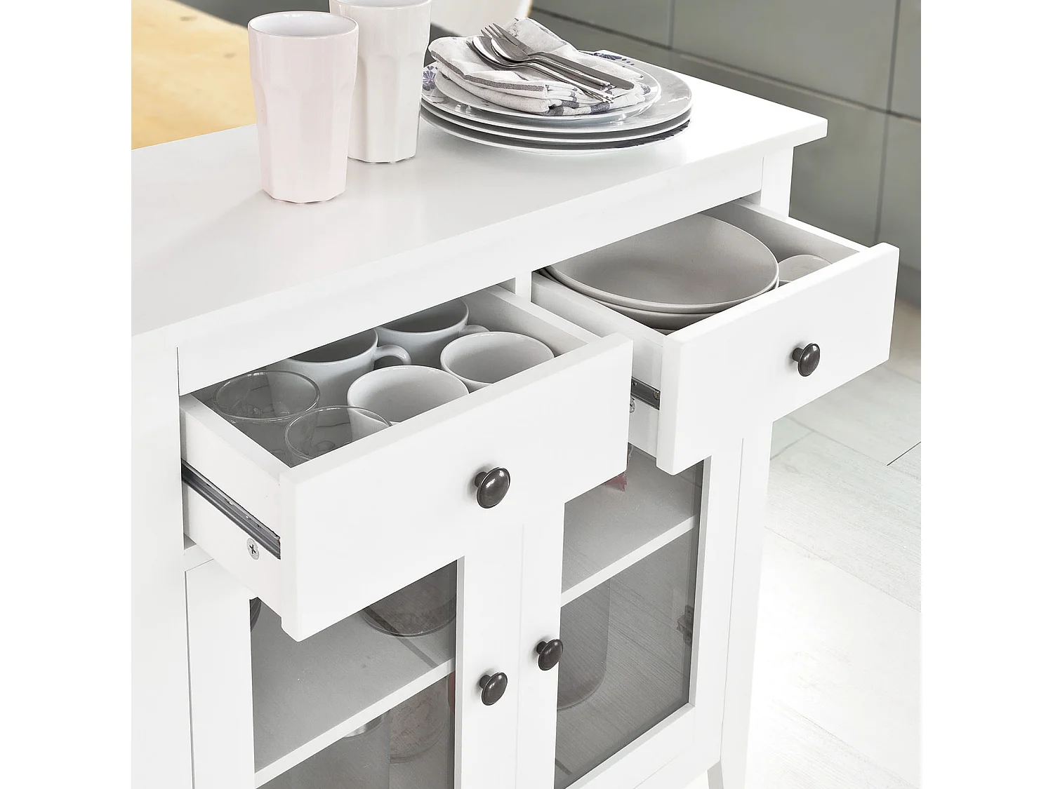 Buffet Commode Armoire de Rangement - Largeur 80cm - 2 tiroirs 2 portes- Coloris Blanc, FSB05-W