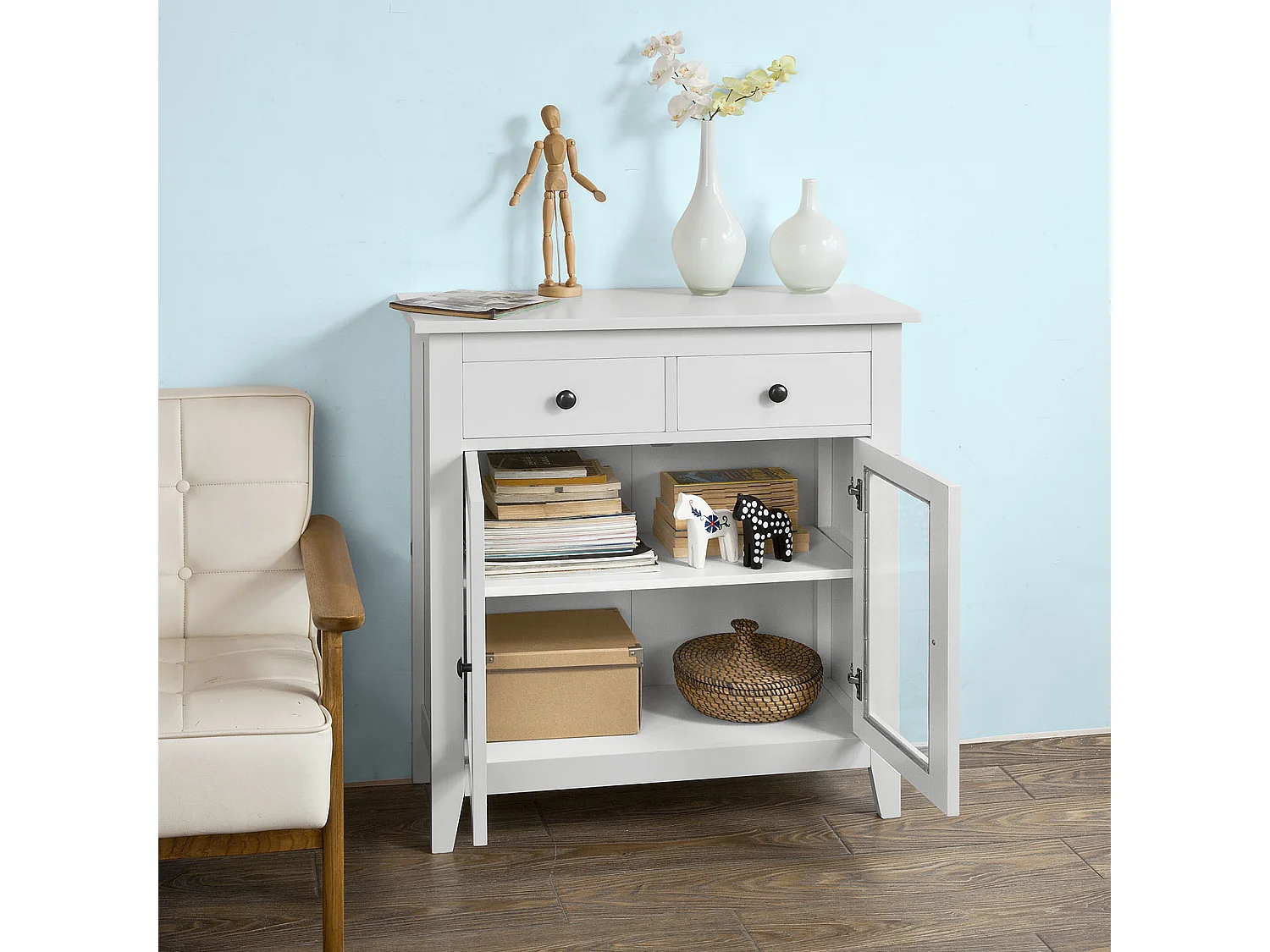 Buffet Commode Armoire de Rangement - Largeur 80cm - 2 tiroirs 2 portes- Coloris Blanc, FSB05-W