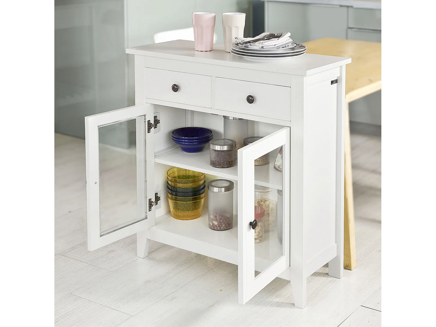 Buffet Commode Armoire de Rangement - Largeur 80cm - 2 tiroirs 2 portes- Coloris Blanc, FSB05-W