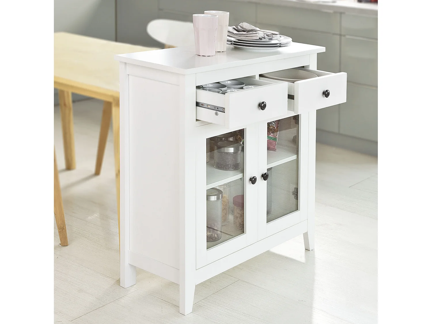 Buffet Commode Armoire de Rangement - Largeur 80cm - 2 tiroirs 2 portes- Coloris Blanc, FSB05-W