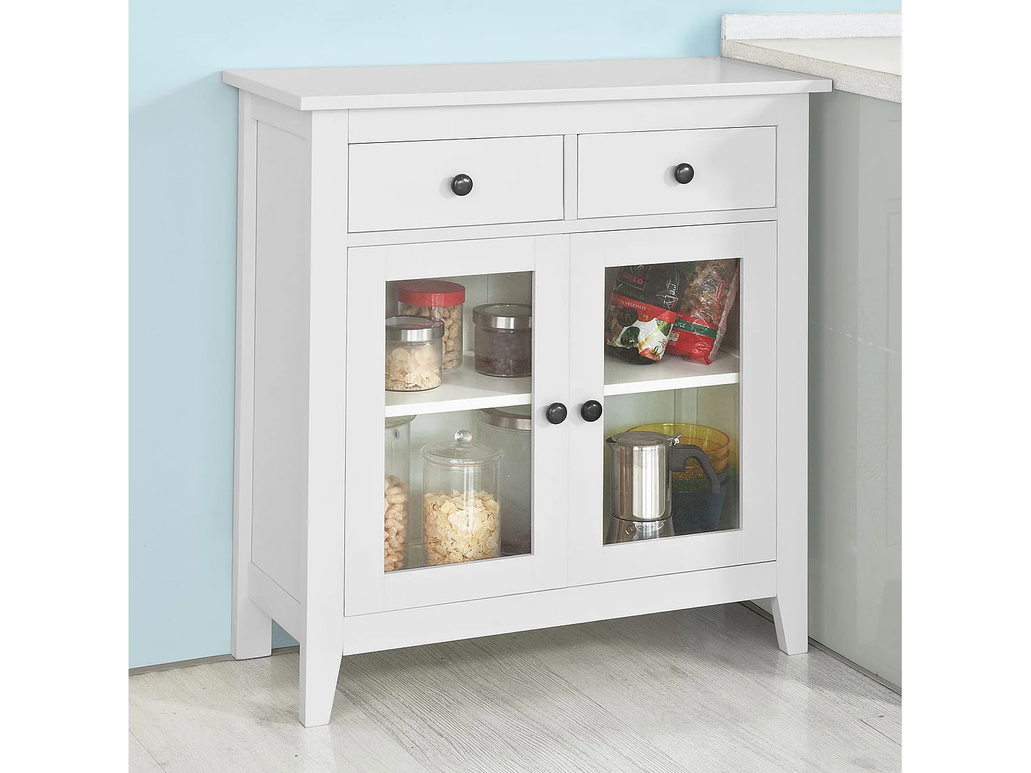 Buffet Commode Armoire de Rangement - Largeur 80cm - 2 tiroirs 2 portes- Coloris Blanc, FSB05-W
