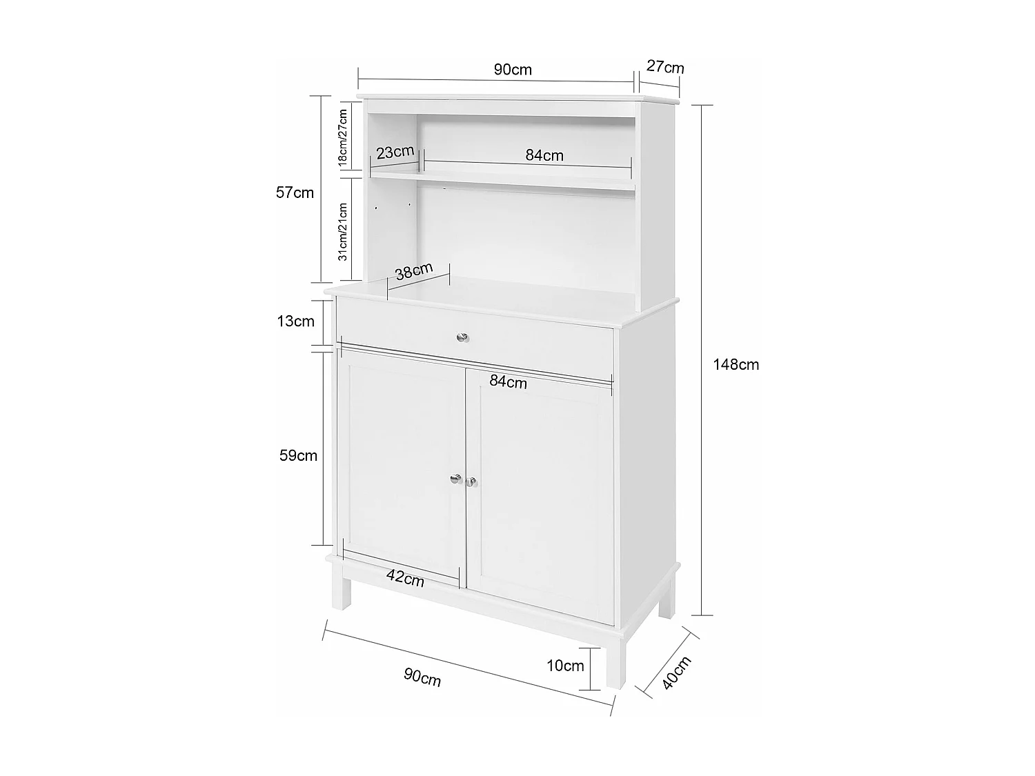 SoBuy Mobile Cucina salvaspazio Credenza con vetrina Bianco L90*P40*A148 cm, FSB26-W