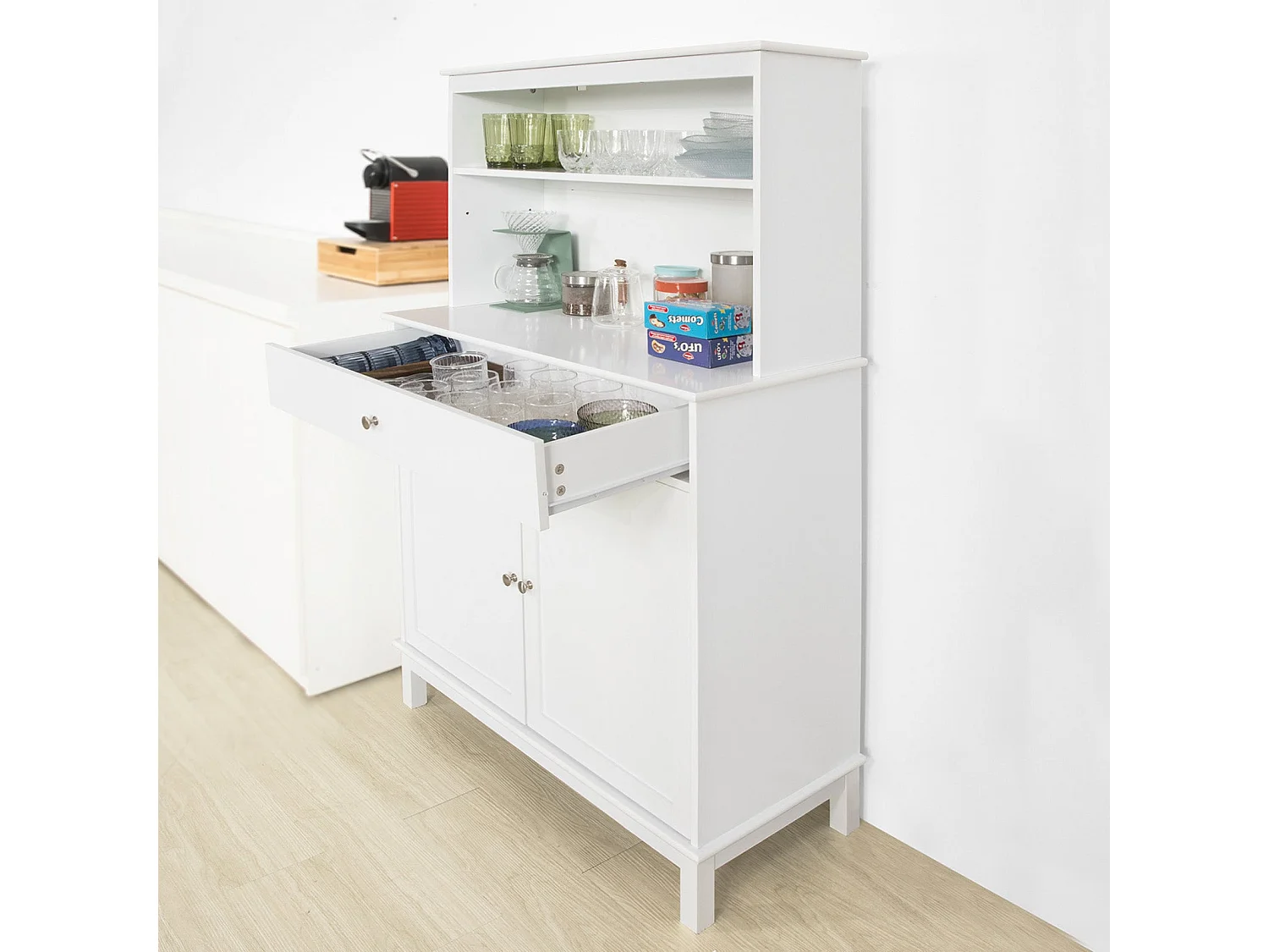 SoBuy Mobile Cucina salvaspazio Credenza con vetrina Bianco L90*P40*A148 cm, FSB26-W