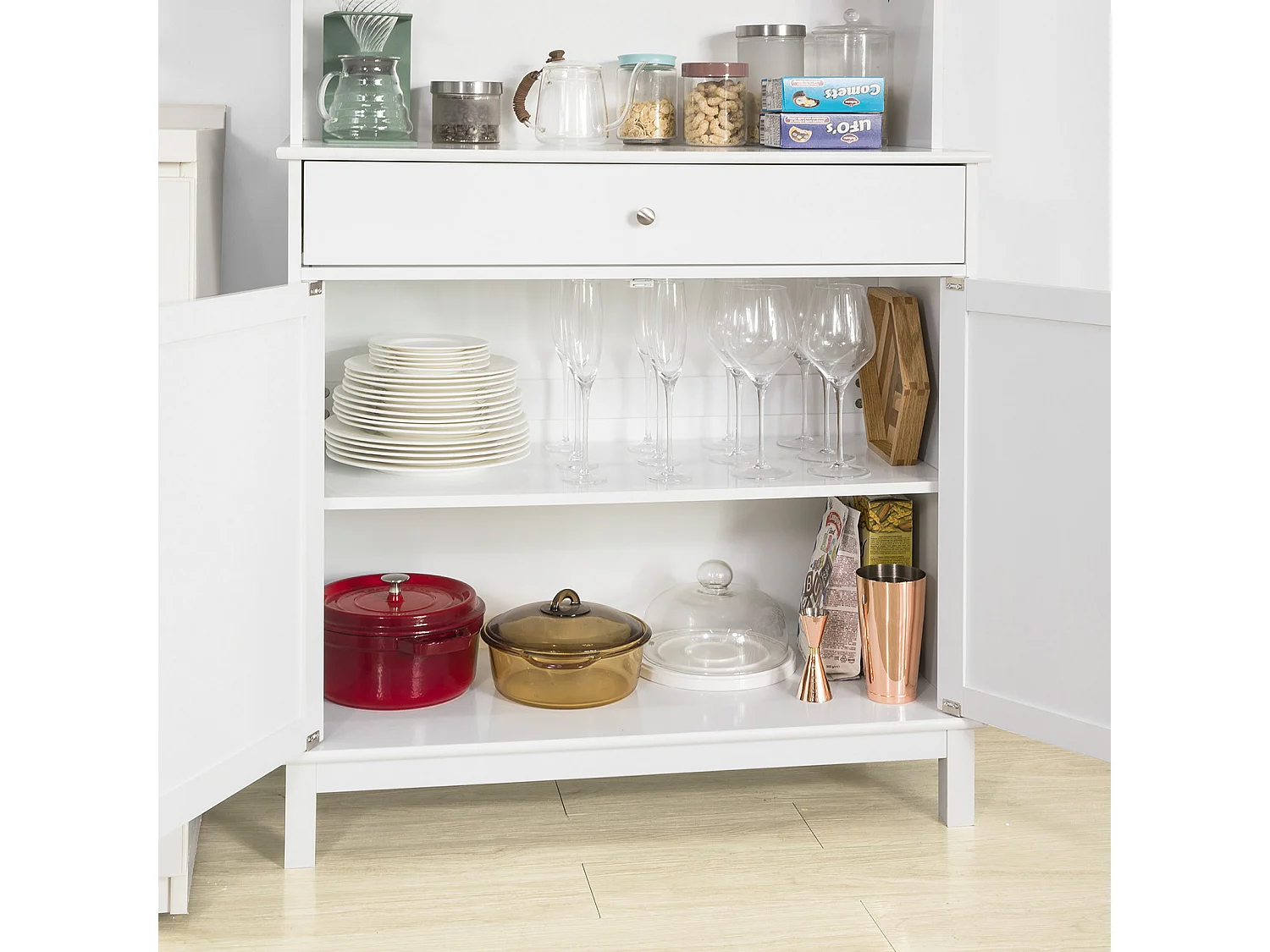 SoBuy Mobile Cucina salvaspazio Credenza con vetrina Bianco L90*P40*A148 cm, FSB26-W