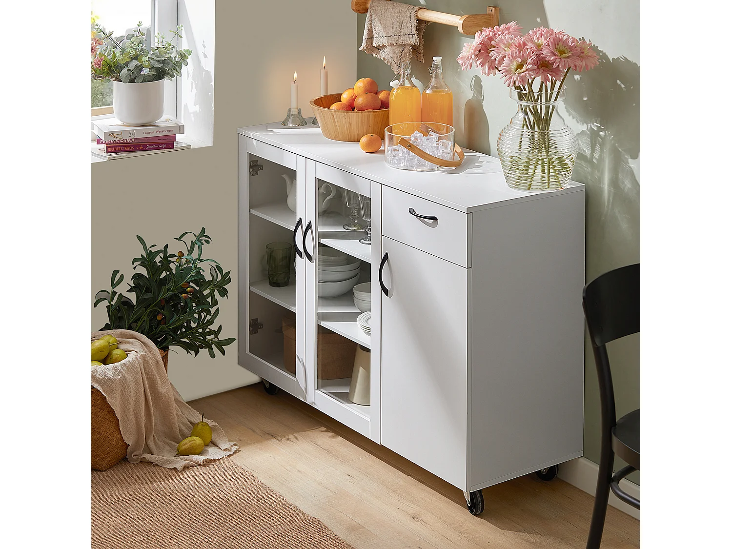 Buffet sur roulettes Commode de Cuisine Armoire de Cuisine Multi-Rangement, FSB57-W