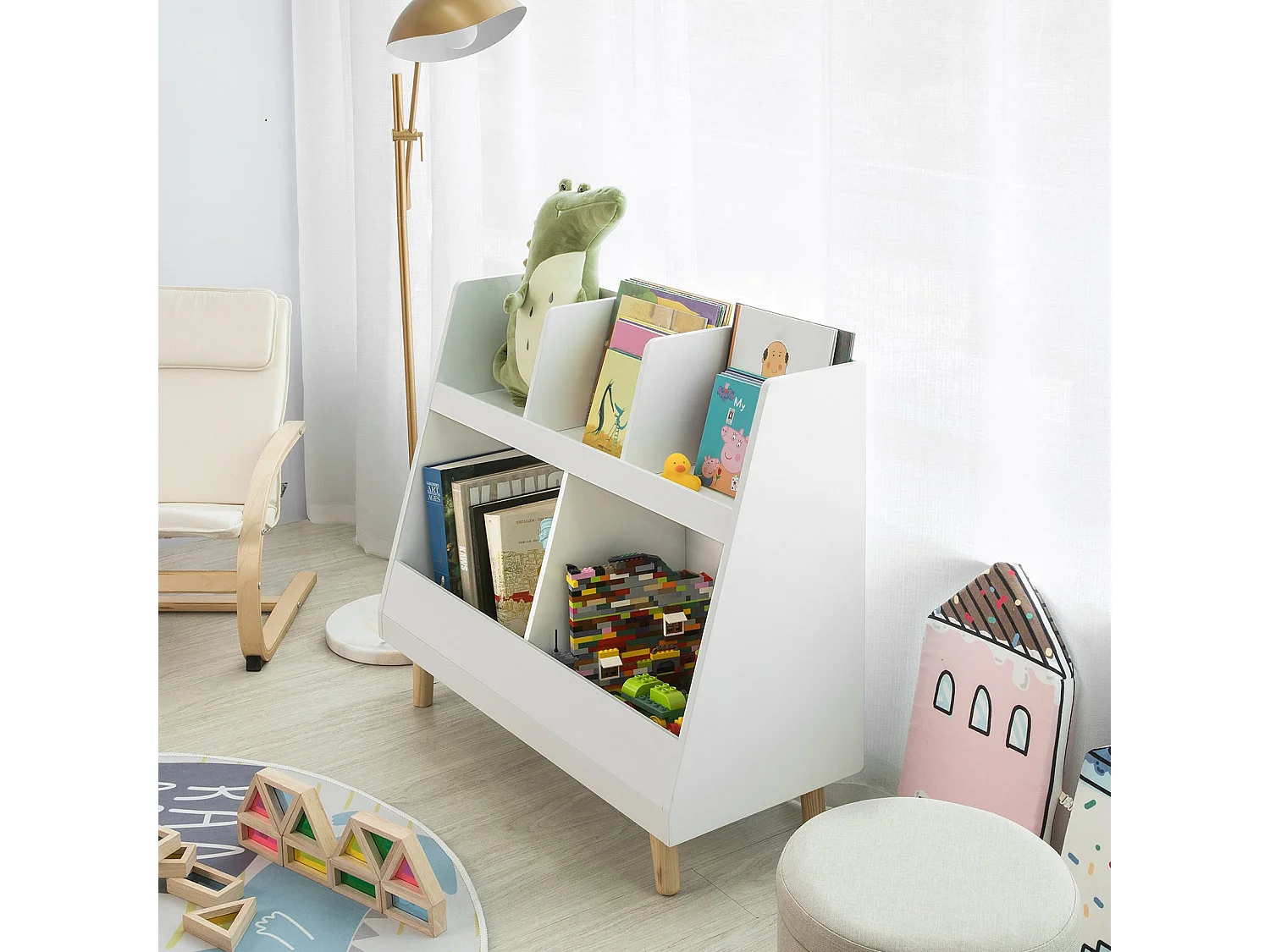 Bibliothèque Étagère à Livres Enfants Étagère de Rangement Jouets  5 Compartiments Ouverts, KMB19-W