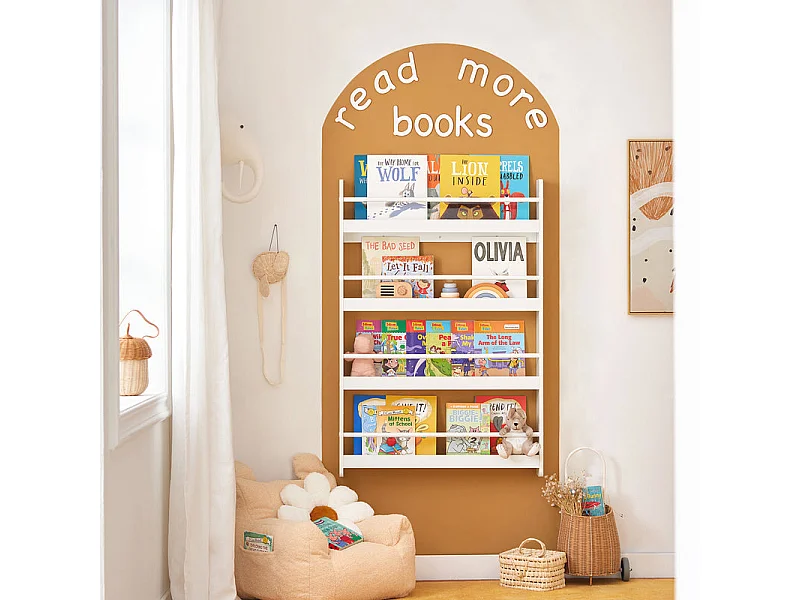 Bibliothèque Murale Étagère de Rangement Étagère à Livres Enfants avec 4 Étages, KMB08-W