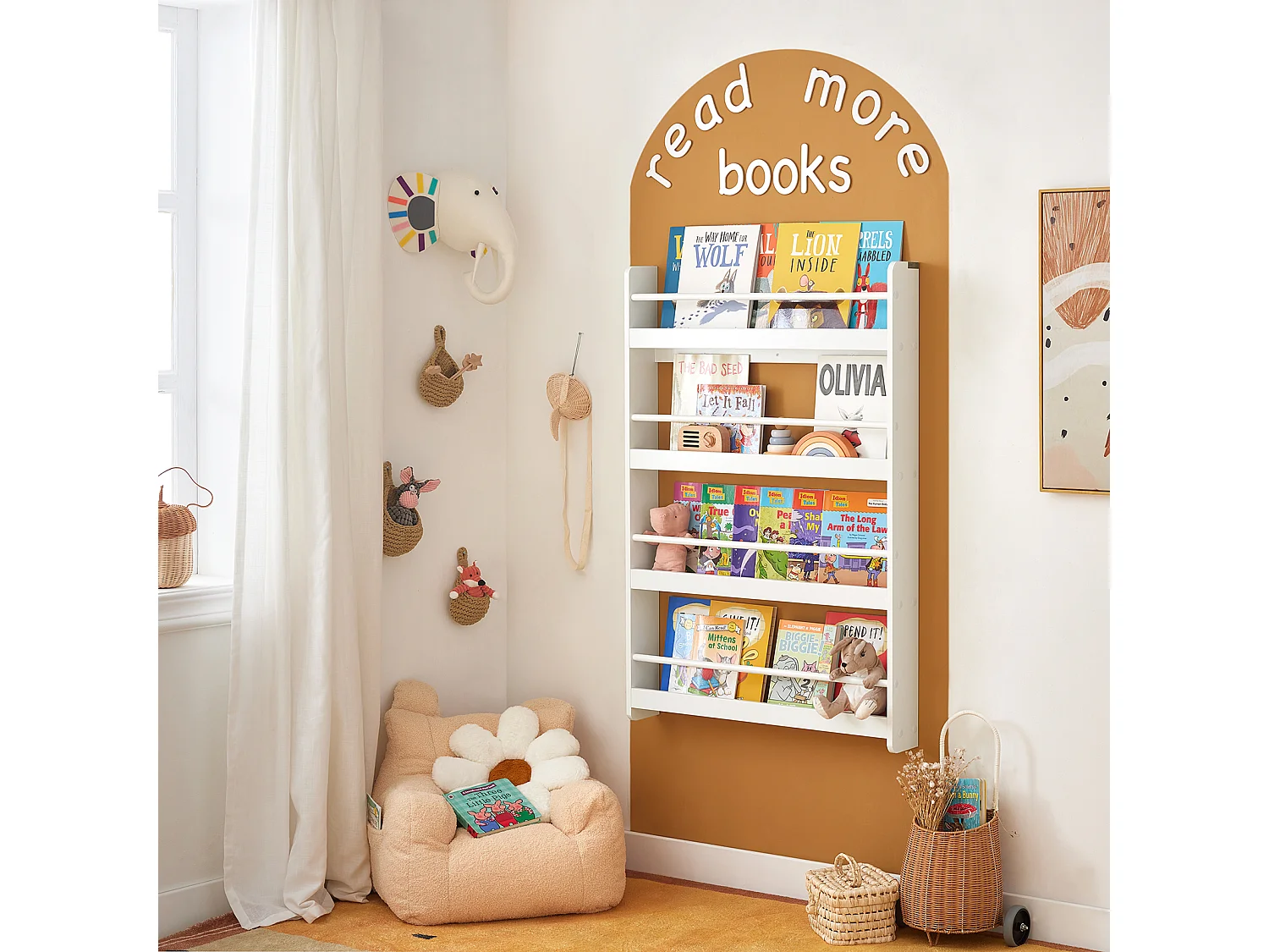 Bibliothèque Murale Étagère de Rangement Étagère à Livres Enfants avec 4 Étages, KMB08-W